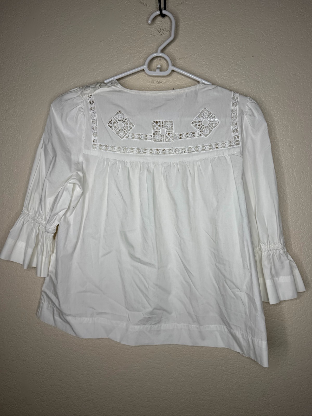 Anthropologie white Cotton Lace Eyelet Peasant Blouse Puff Sleeve Boho Shirt XS