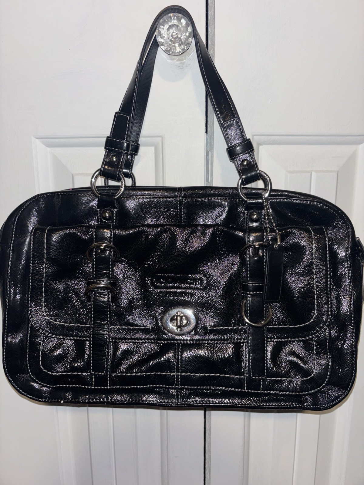 Coach Hampton Patent Black Satchel Top Handle Bag Purple Lining Pockets