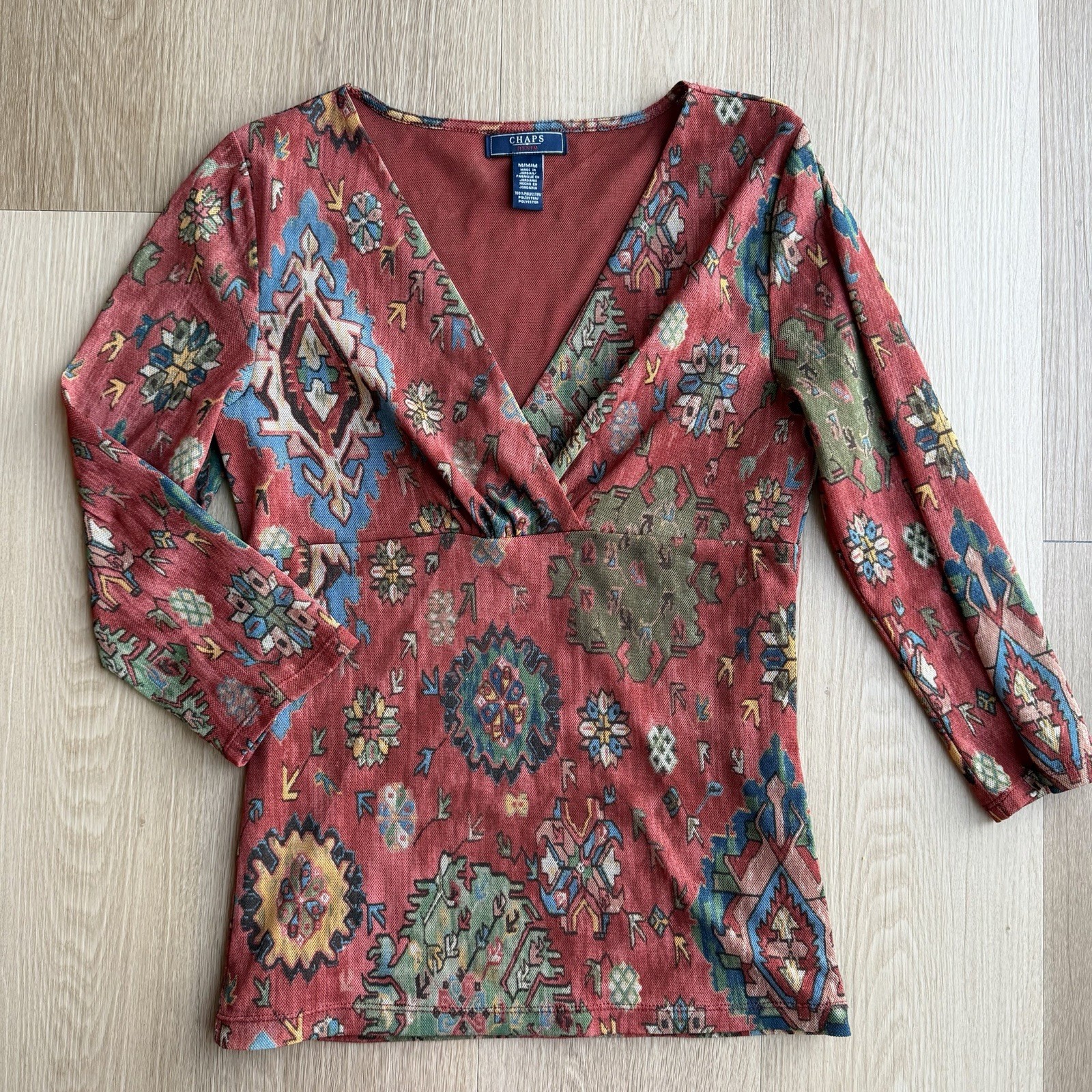 Chaps Geometric Print V-Neck Top 3/4 Sleeve M Red Multi