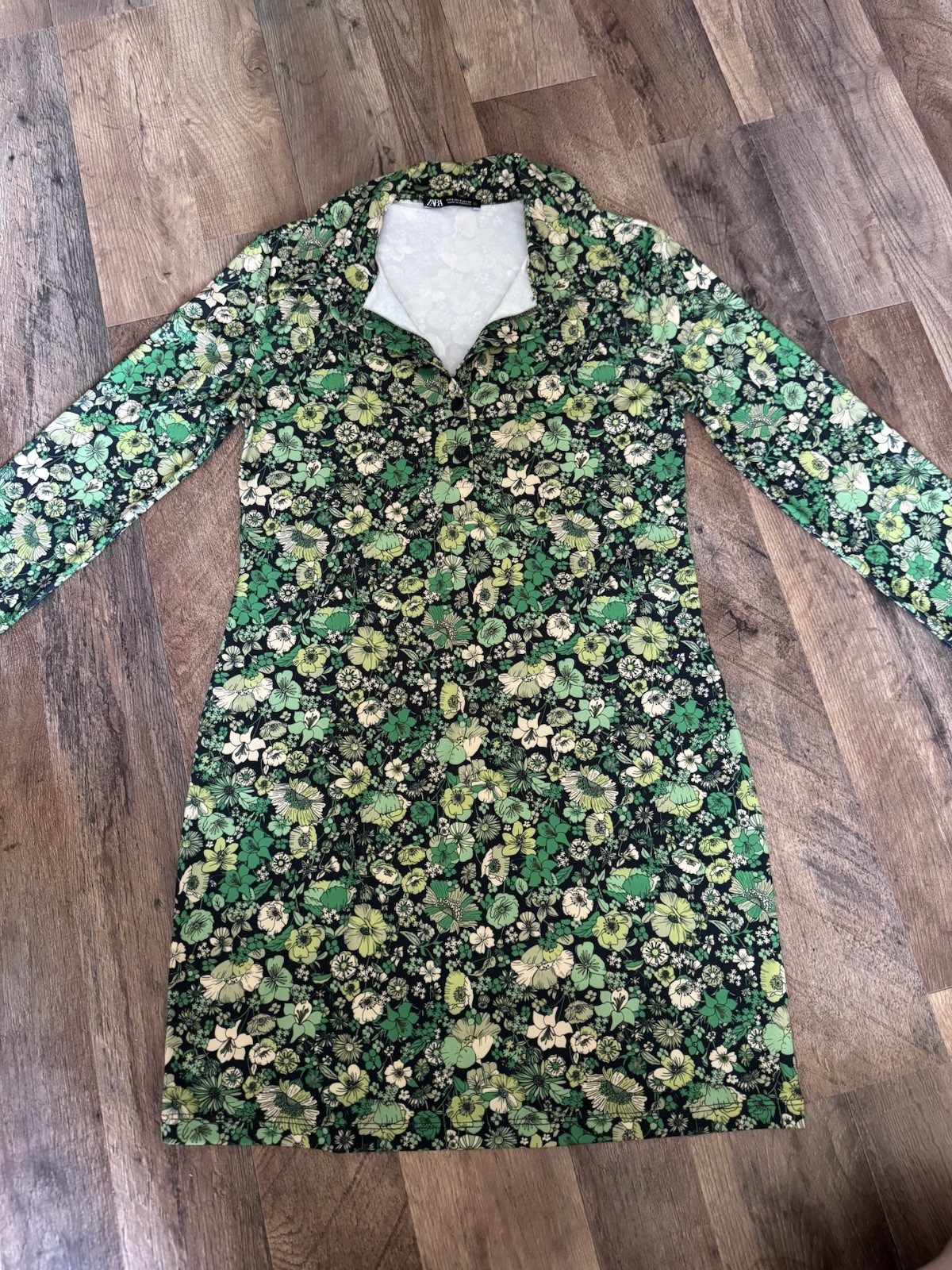 Zara Womens Small Green Floral Mini Dress Long Sleeve Collared Button Front