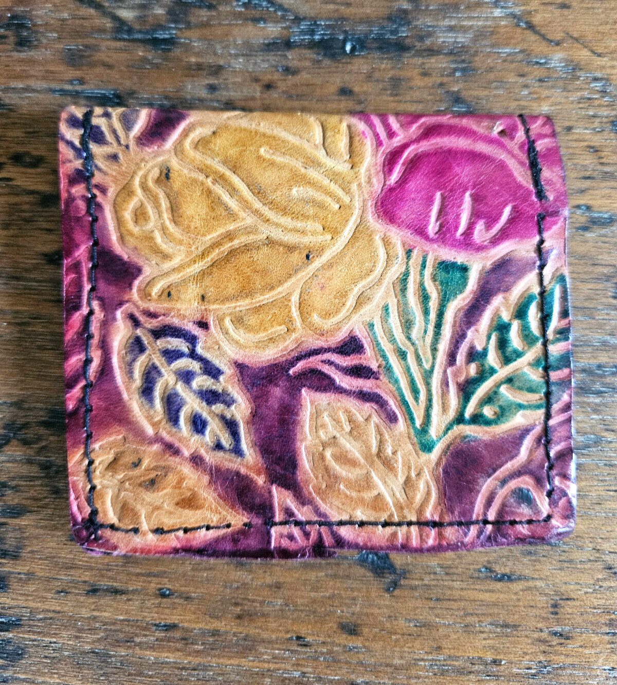 Vintage Sheep Skin Leather Coin or Compass Pouch – Etched Indian Floral Design