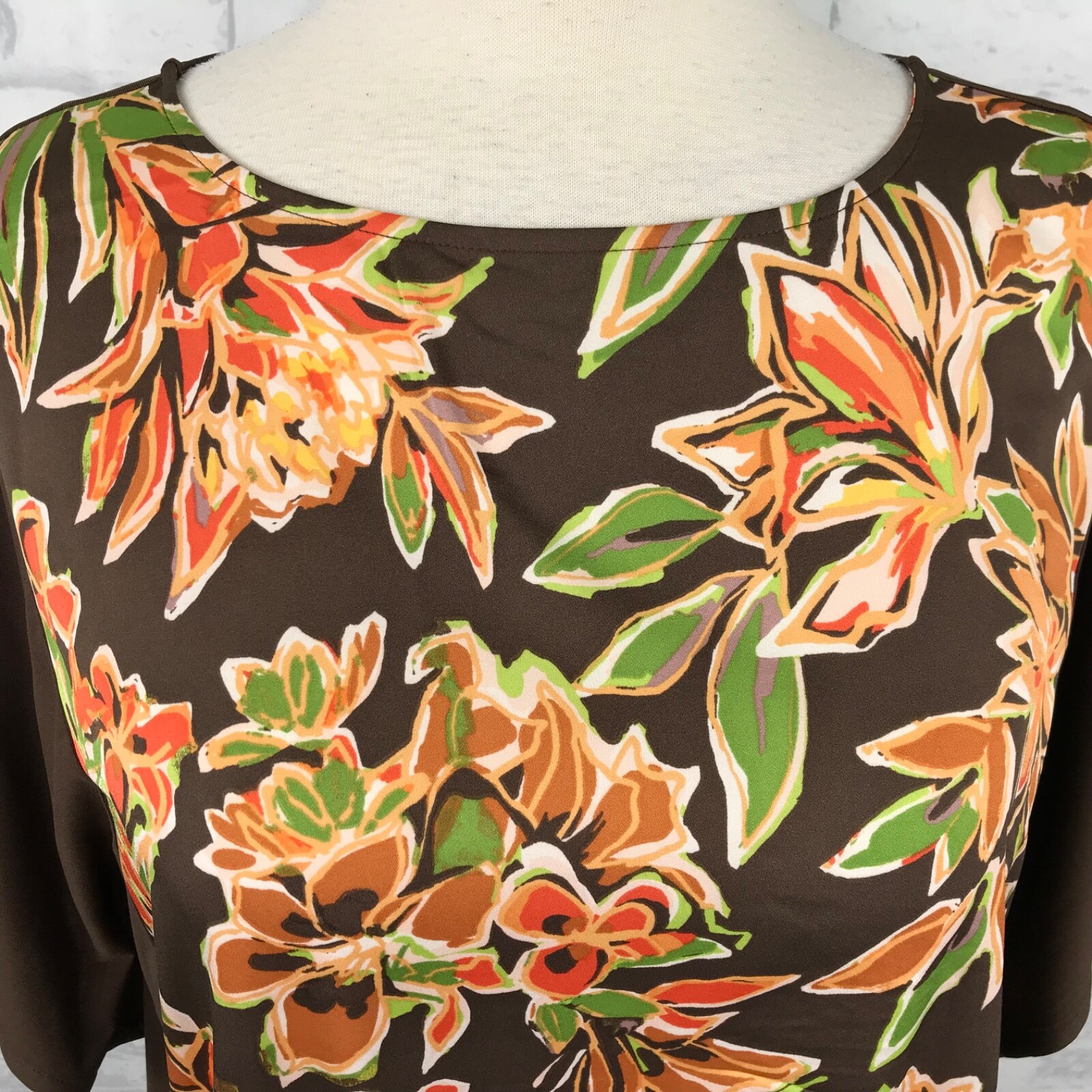 Bob Mackie Wearable Art Poncho Top Size 1X Floral Brown Blouse Short Sleeve