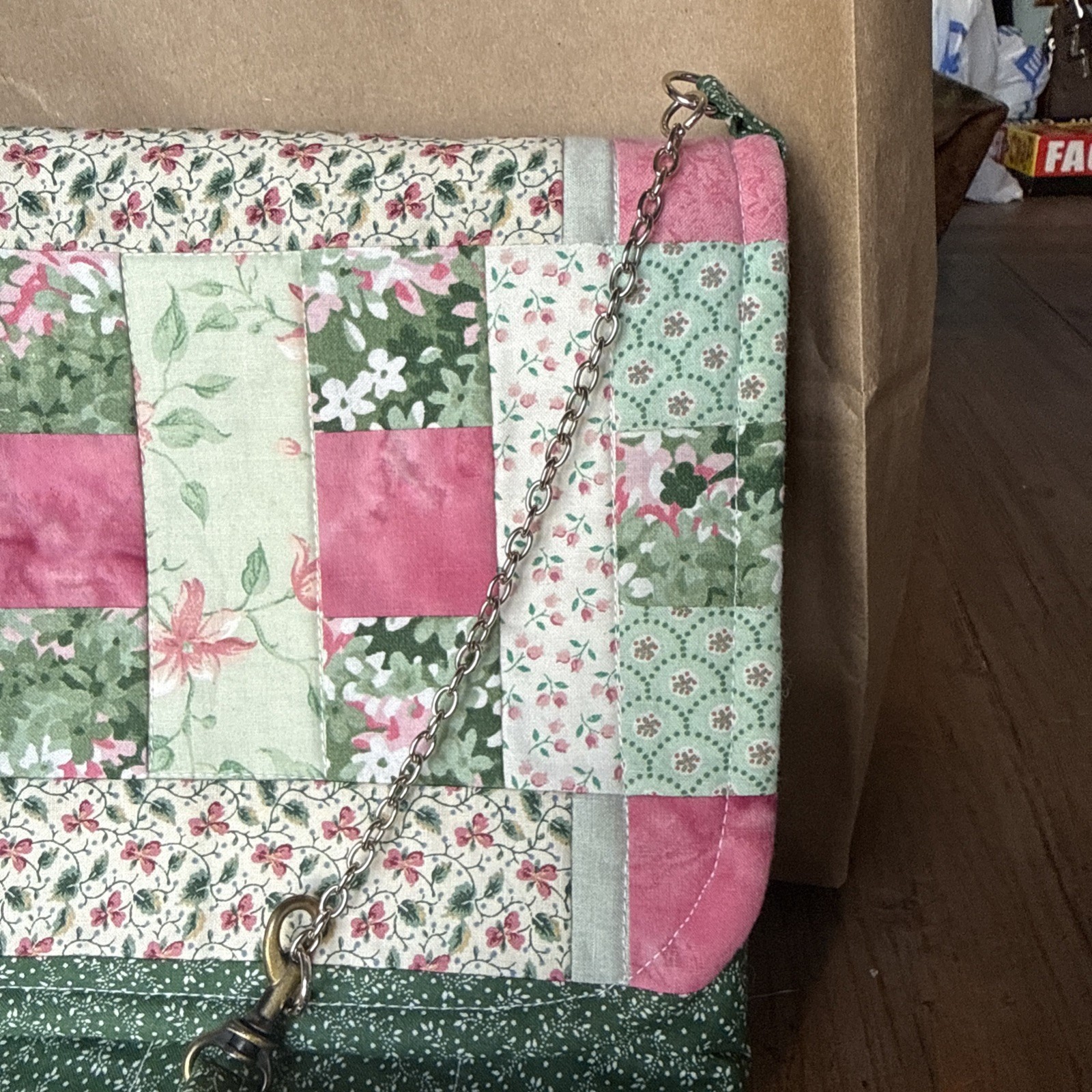 Homemade Quilted Cottage Core Cross Body Bag W/ Chain And Fabric Strap And Snap