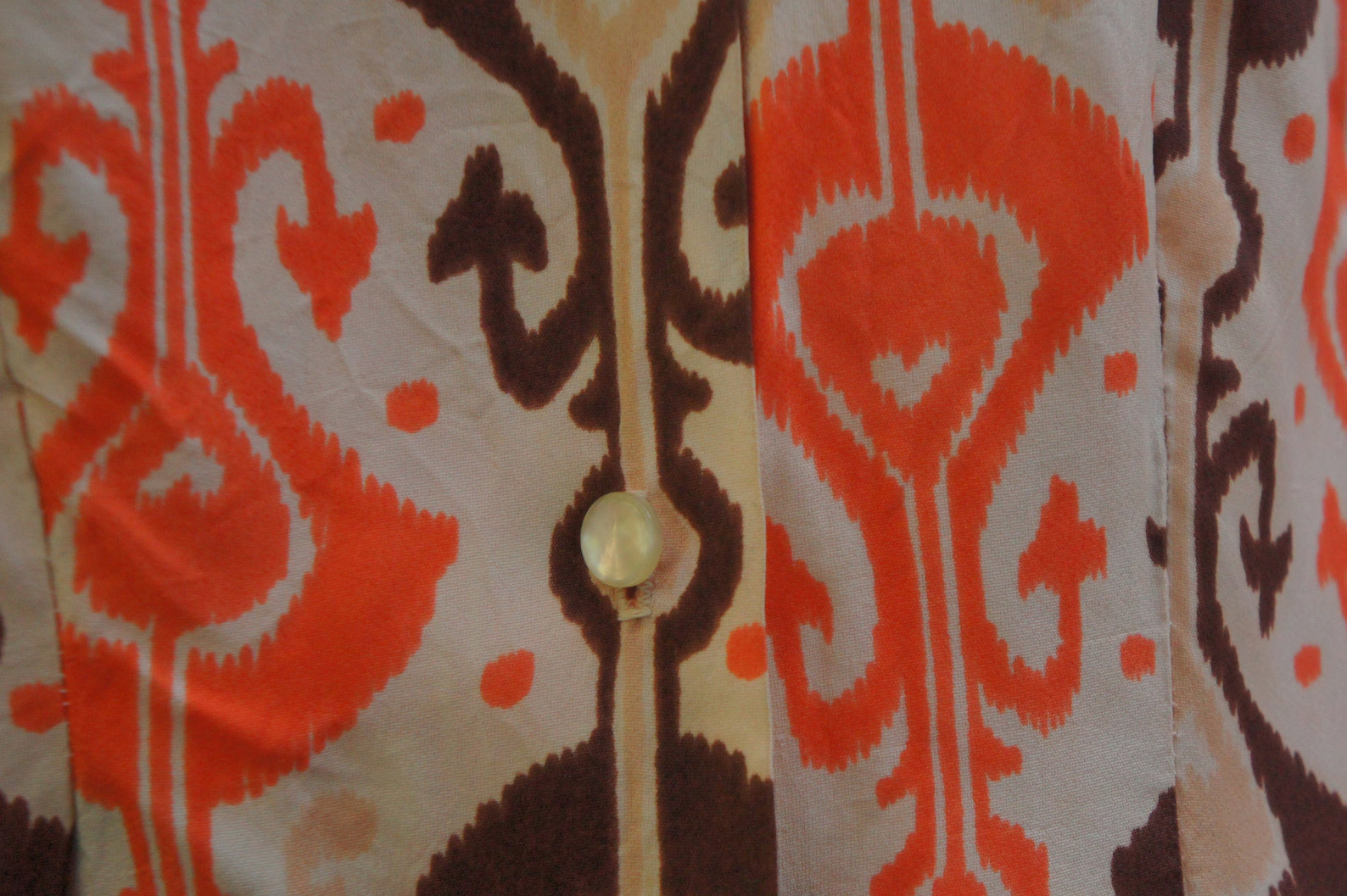 Vintage 60s Orange & Brown Damask Print Blouse Down Shirt Boho Retro Hippie
