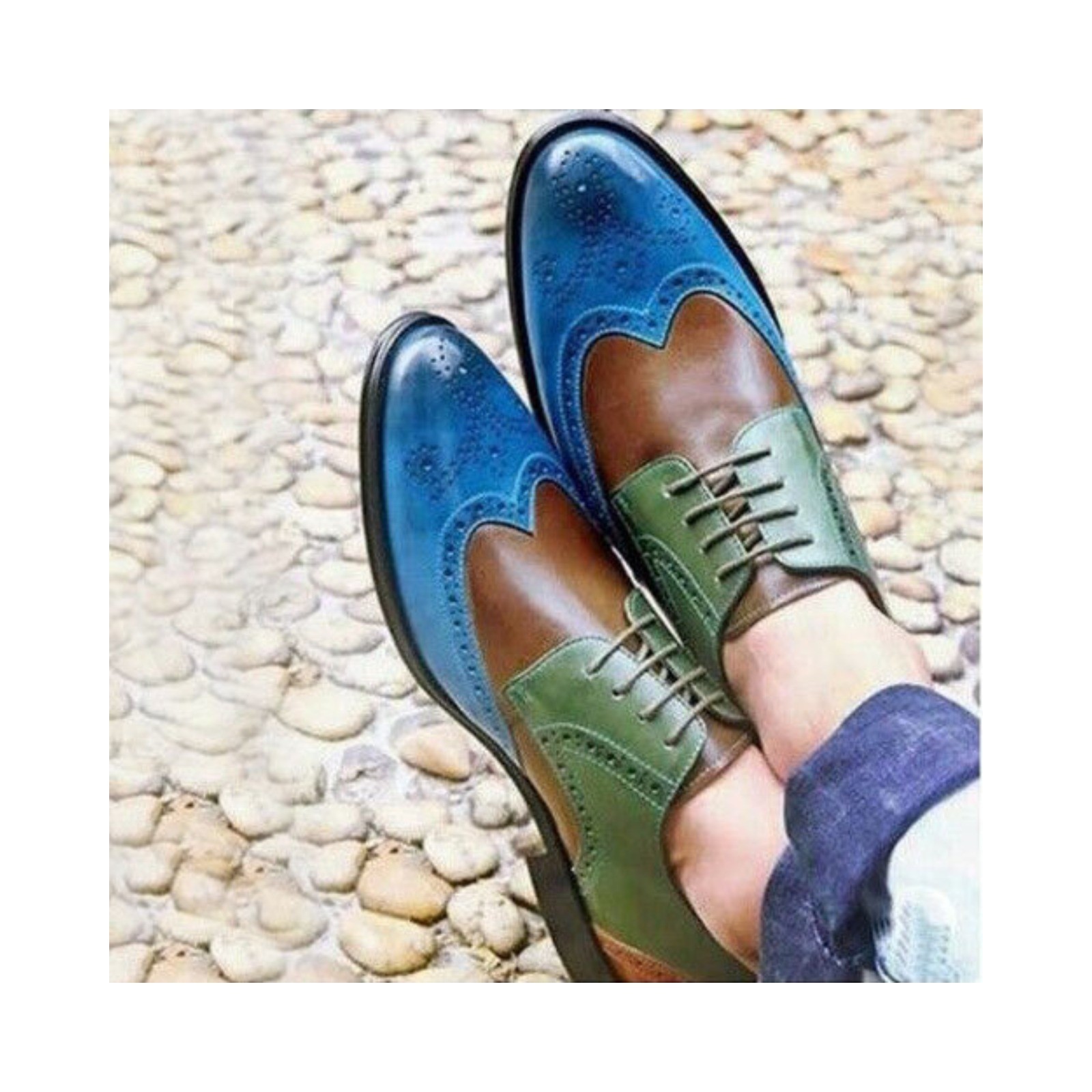 Bespoke Handmade Goodyear Welted Three Tone Leather Derby Wingtip Brogue Shoes