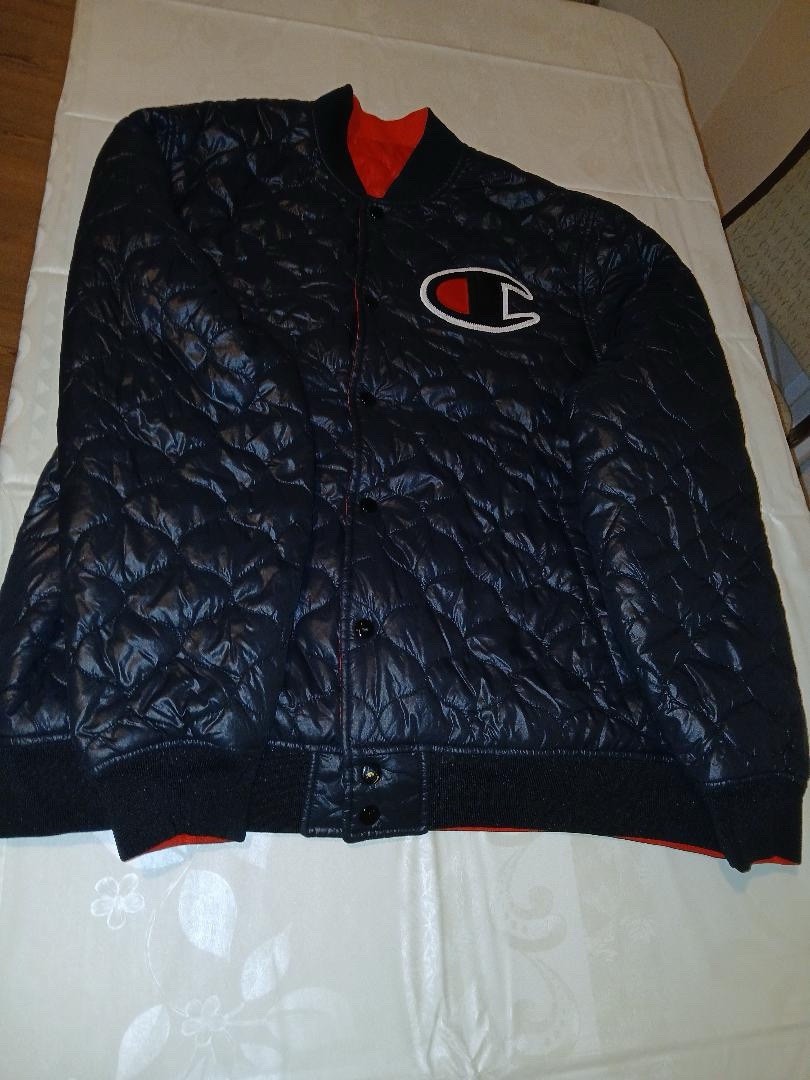 Champion Reversible Quilted Bomber Jacket Red Black Men’s Snap Closure Logo