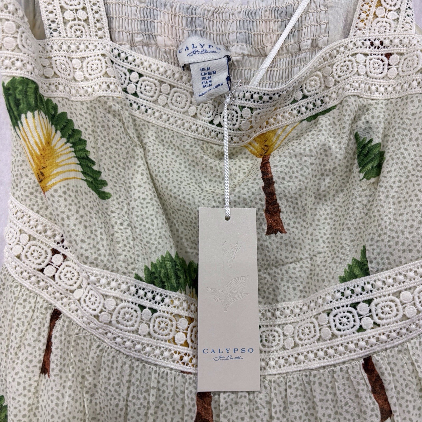 Calypso St Barth Palm Tree Crochet Tier Smocked Dress M Maxi Ruffle Tropical NEW