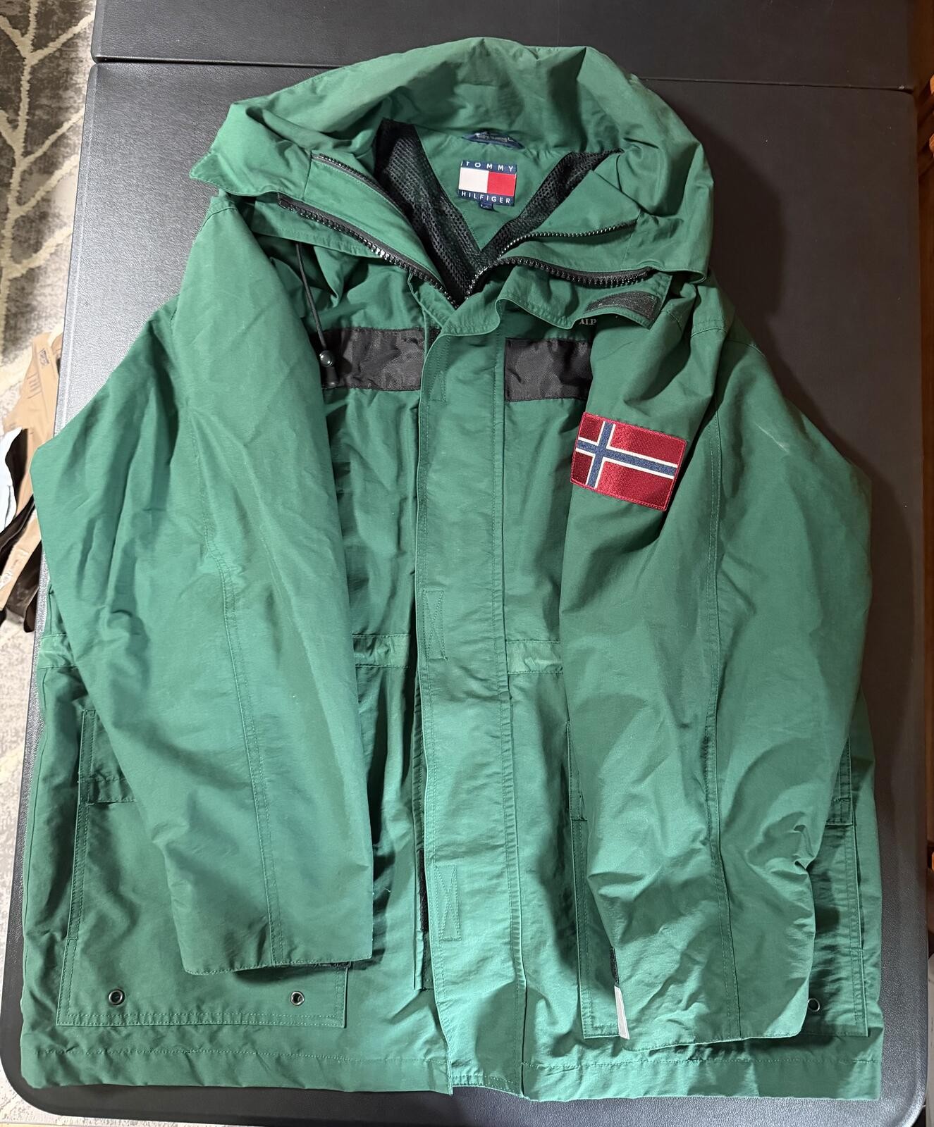 Vintage Tommy Hilfiger Men’s Green Utility Jacket Large with Norway Flag Patch,