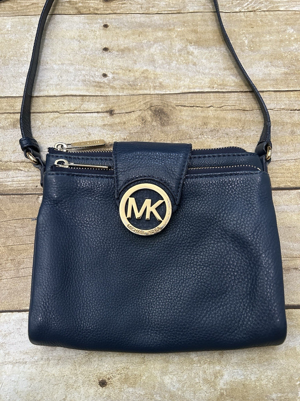 Michael Kors Blue Pebbled Crossbody Bag Zip Closure Gold Hardware MK Logo