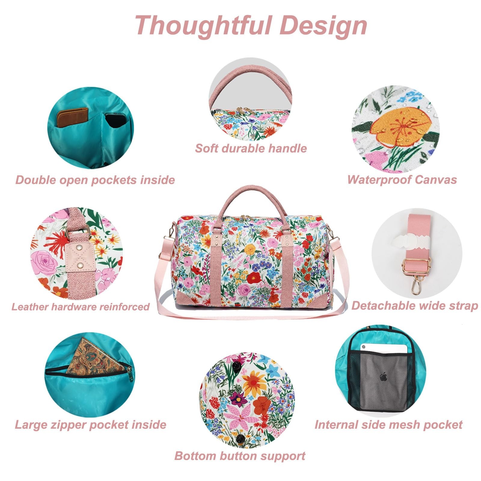 Travel Duffle Bag, Weekender Bag 21.7 x 9.3 x 11.8 inches, Canvas Pink flower