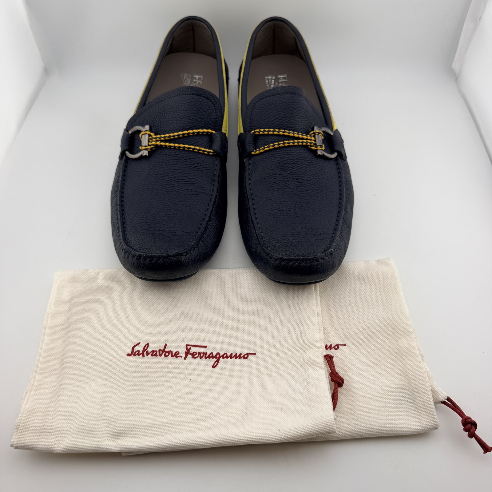 Salvatore Ferragamo Men’s Navy Blue Gancini Driving Loafers US 10.5 E Made Italy