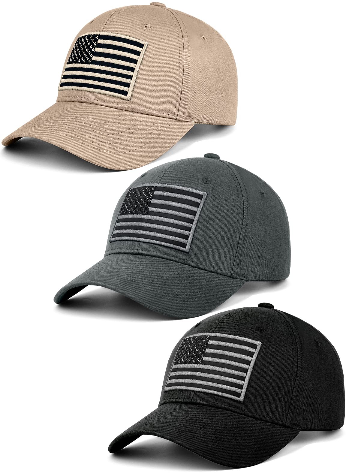 KIRAAT 3 Pack American Flag Baseball Cap Unisex,Low One Size Black＆grey＆khaki