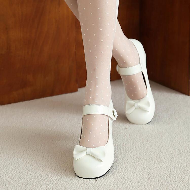 Womens Patent Leather Round Toe Bownot Mary Janes Shoes Ankle Strap Pumps Sweet