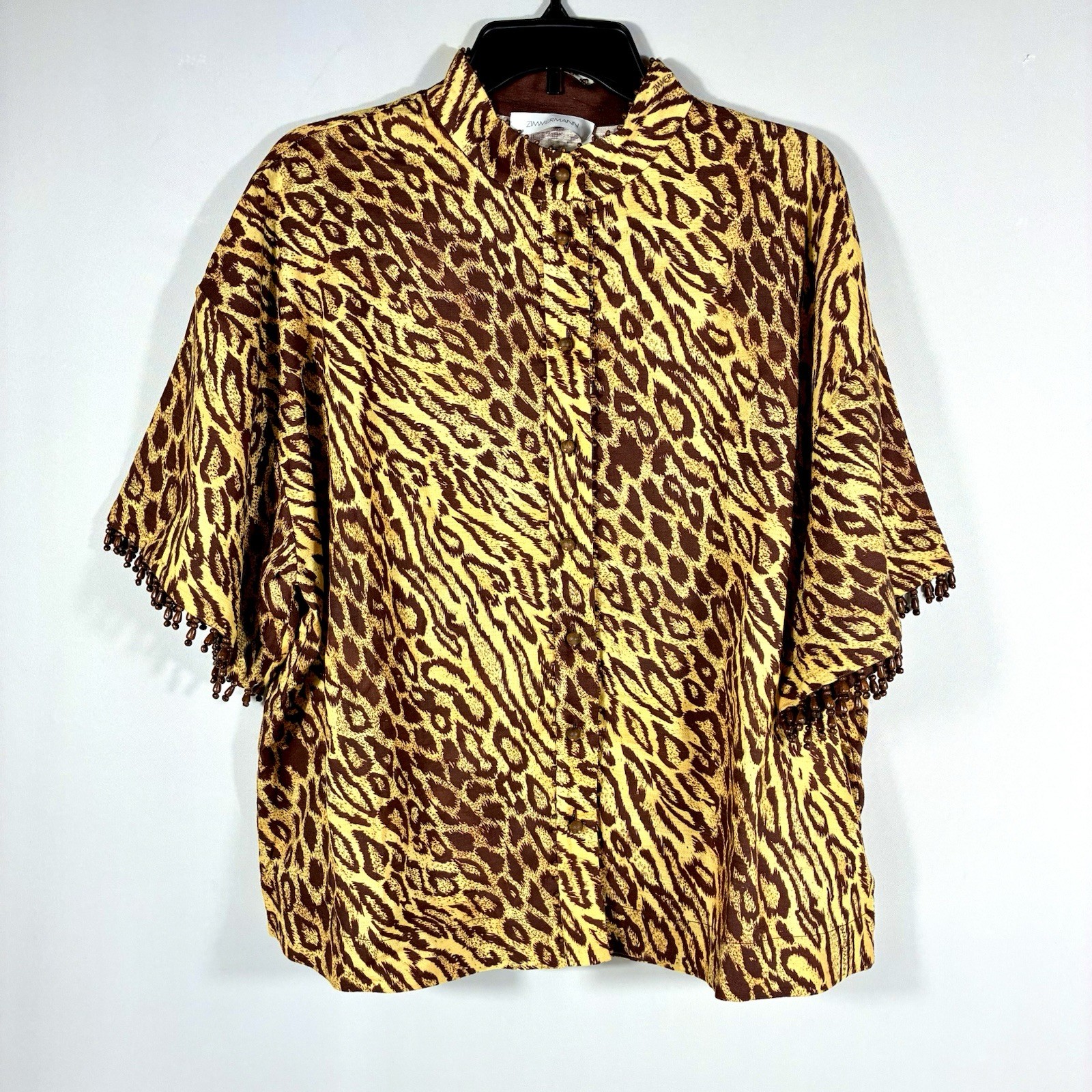 Zimmermann Coco Bead Embellished Leopard Print Cotton Shirt US 6 AU 1 Loose NWT