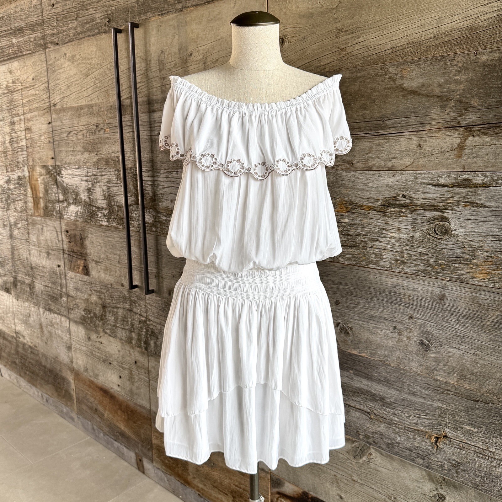 Ramy Brook Cynthia Off The Shoulder Mini Dress L White Ruffle Tier Beaded Eyelet