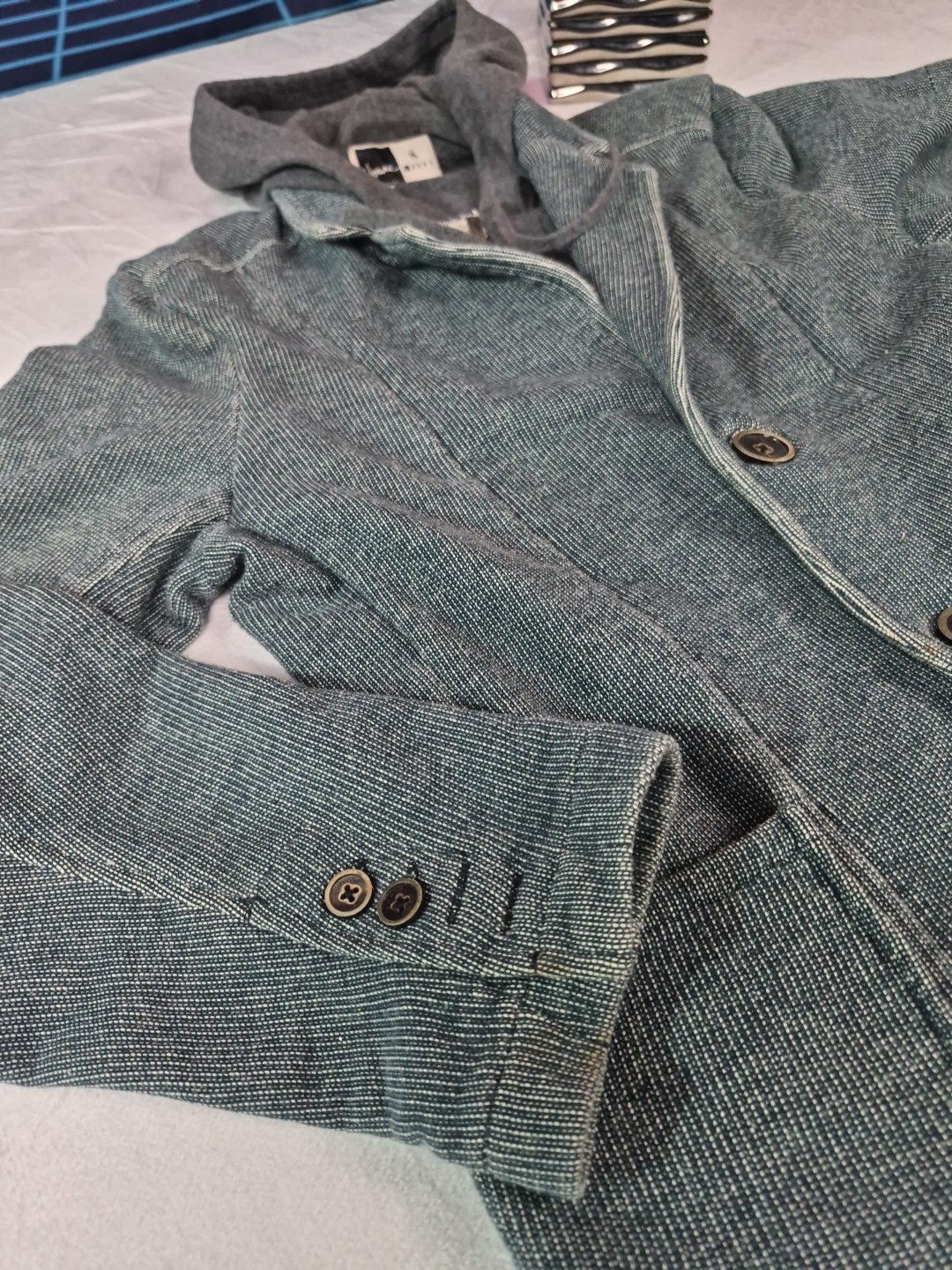 HOWE DISTRESSED COTTON BLEND SOFT TEAL FULL ZIP HOODIE BLAZER SIZE LARGE
