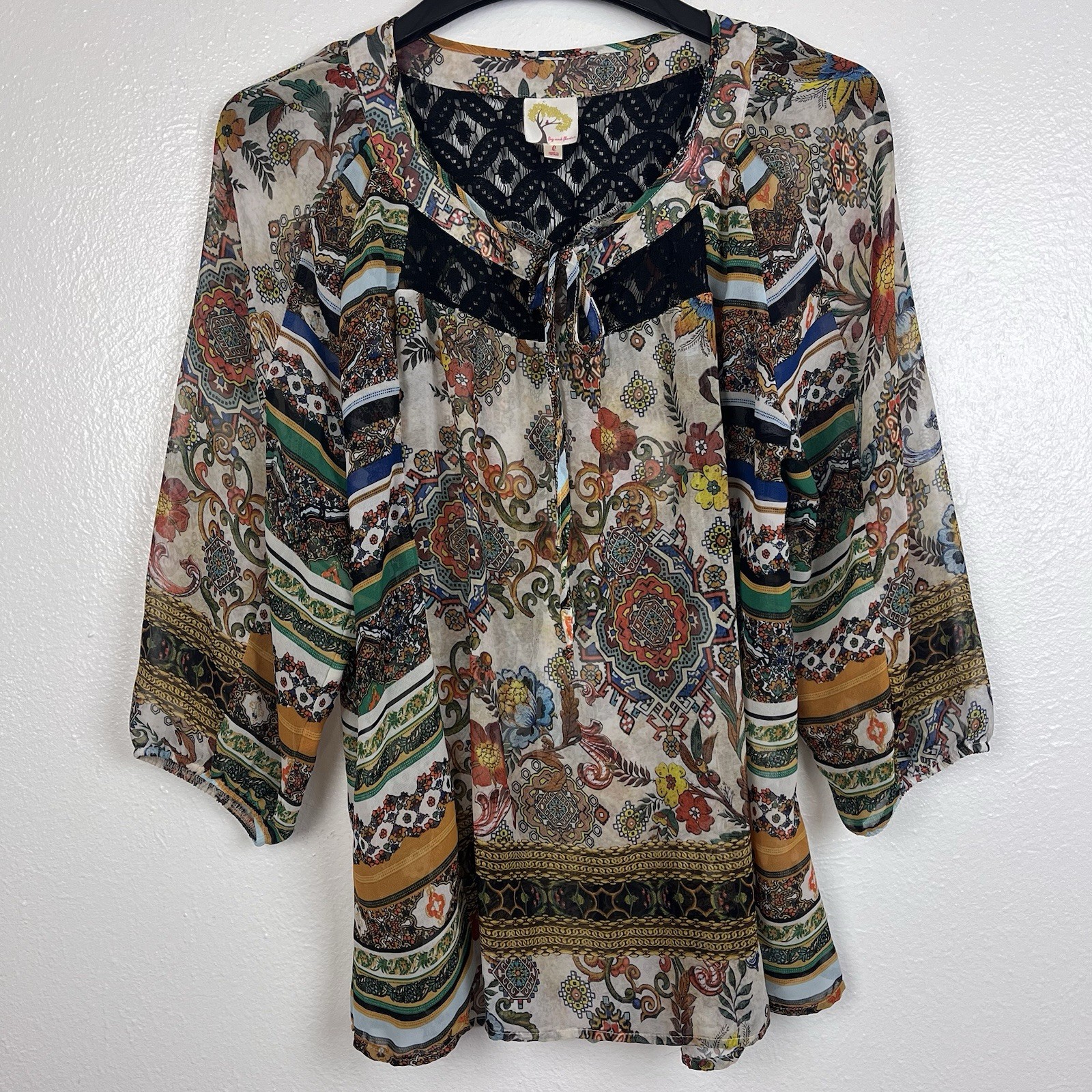 Fig and Flower Women’s Semi Sheer Multicolor Floral Blouse Peasant Size Large