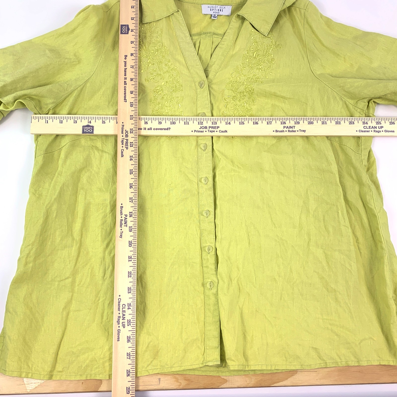 August Silk Options Button Up Blouse Sz 1X 100% Linen Lime Green Embroidered SEE