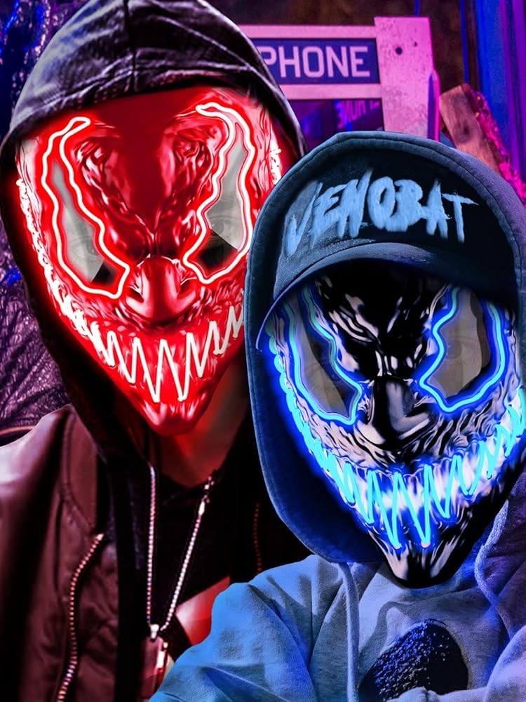 LED Light-Up Halloween Masks 2-Pack | Neon Glow Party Masks w/ 3 Modes
