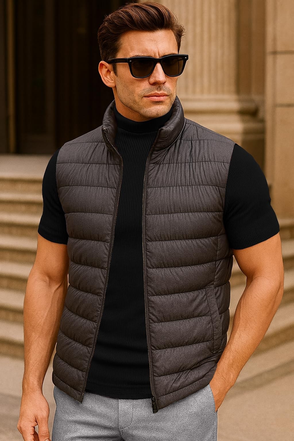Men Mock Turtle Neck Shirt Slim Fit Short Sleeve Casual Ribbed Monak Turtleneck