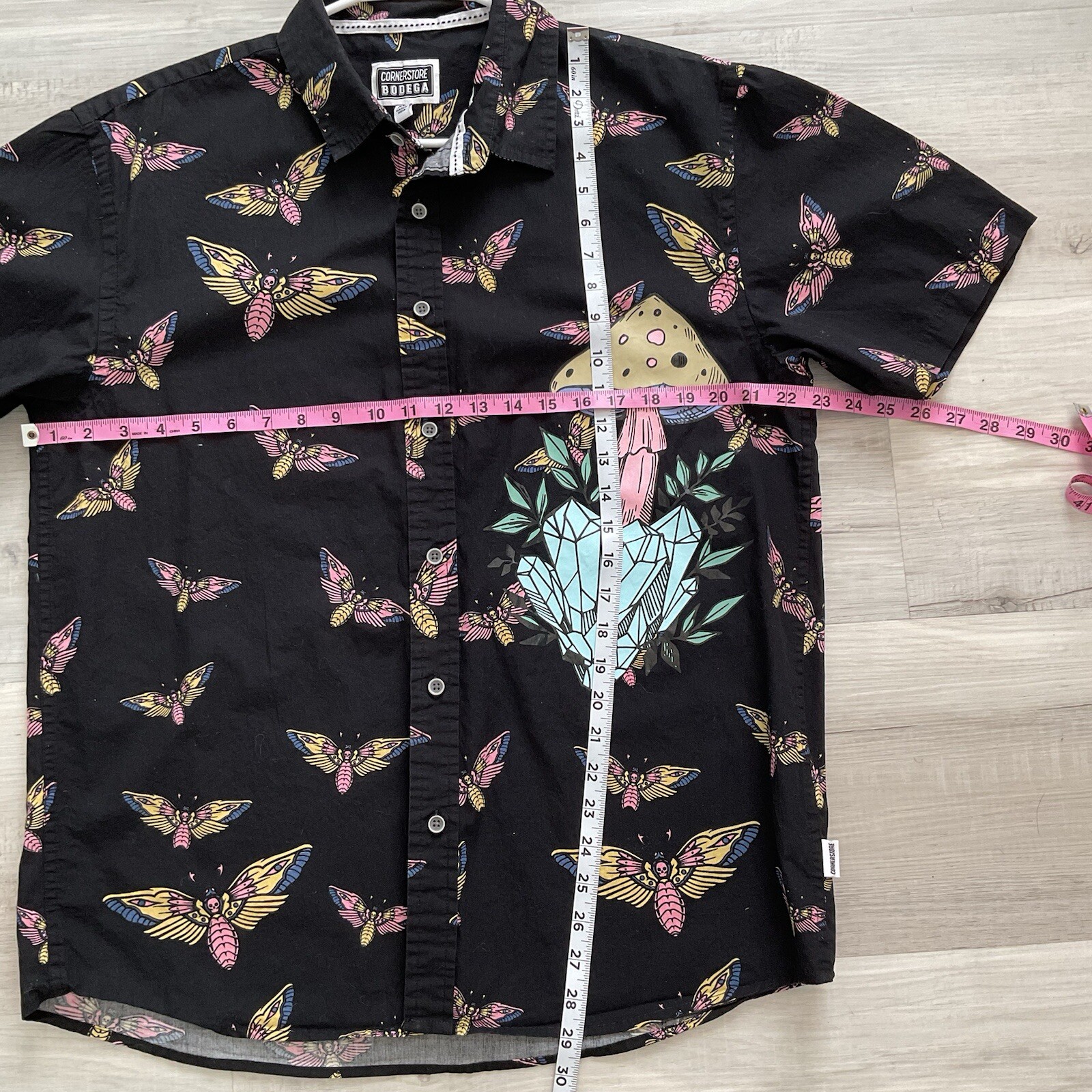 Corner Store Bodega Mushroom Skull Moth Button Up Short Sleeve Shirt XL