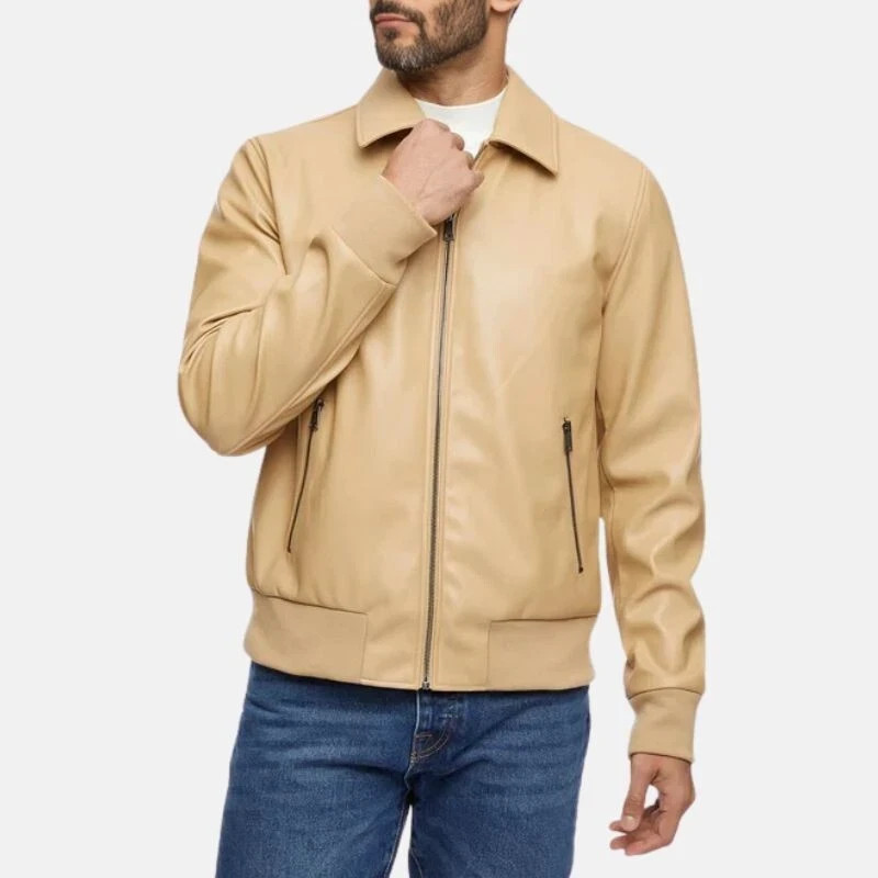NEW Men’s Beige Bomber Leather Jacket Pure Lambskin Size S M L XL XXL Customize