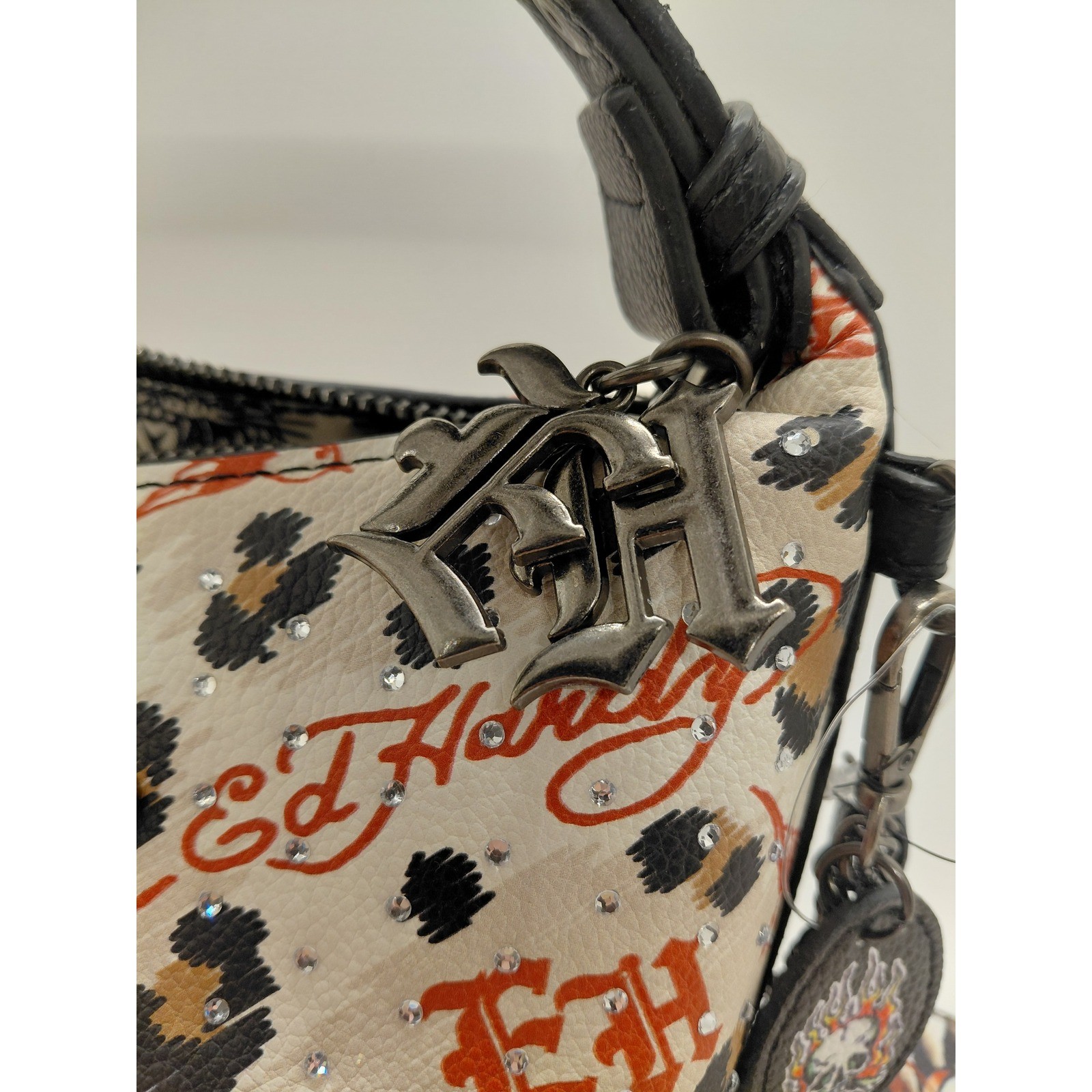 NEW Ed Hardy Leopard Print Tattoo Graphic Rhinestone Shoulder Bag With Charms