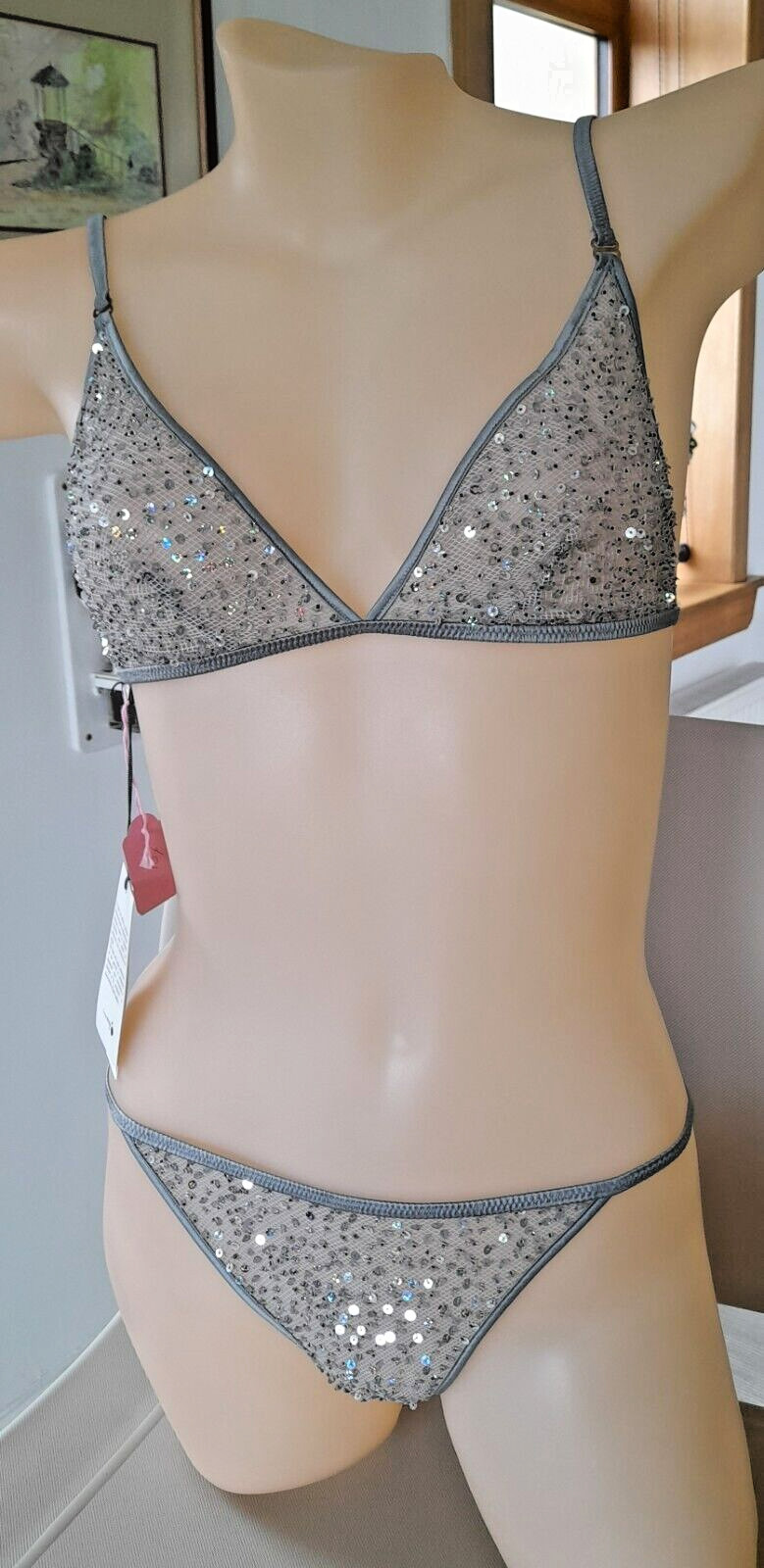 Argentovivo Grey PRODIGIO Sequinned Triangle Bra With PICASSO Thong Set