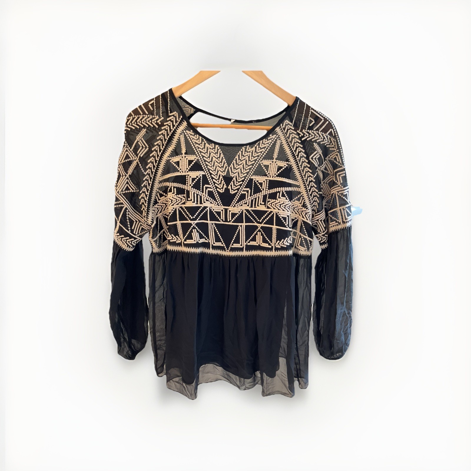 Sundance Blouse Sheer Black and White Geometric Long Sleeve Chiffon Romantic