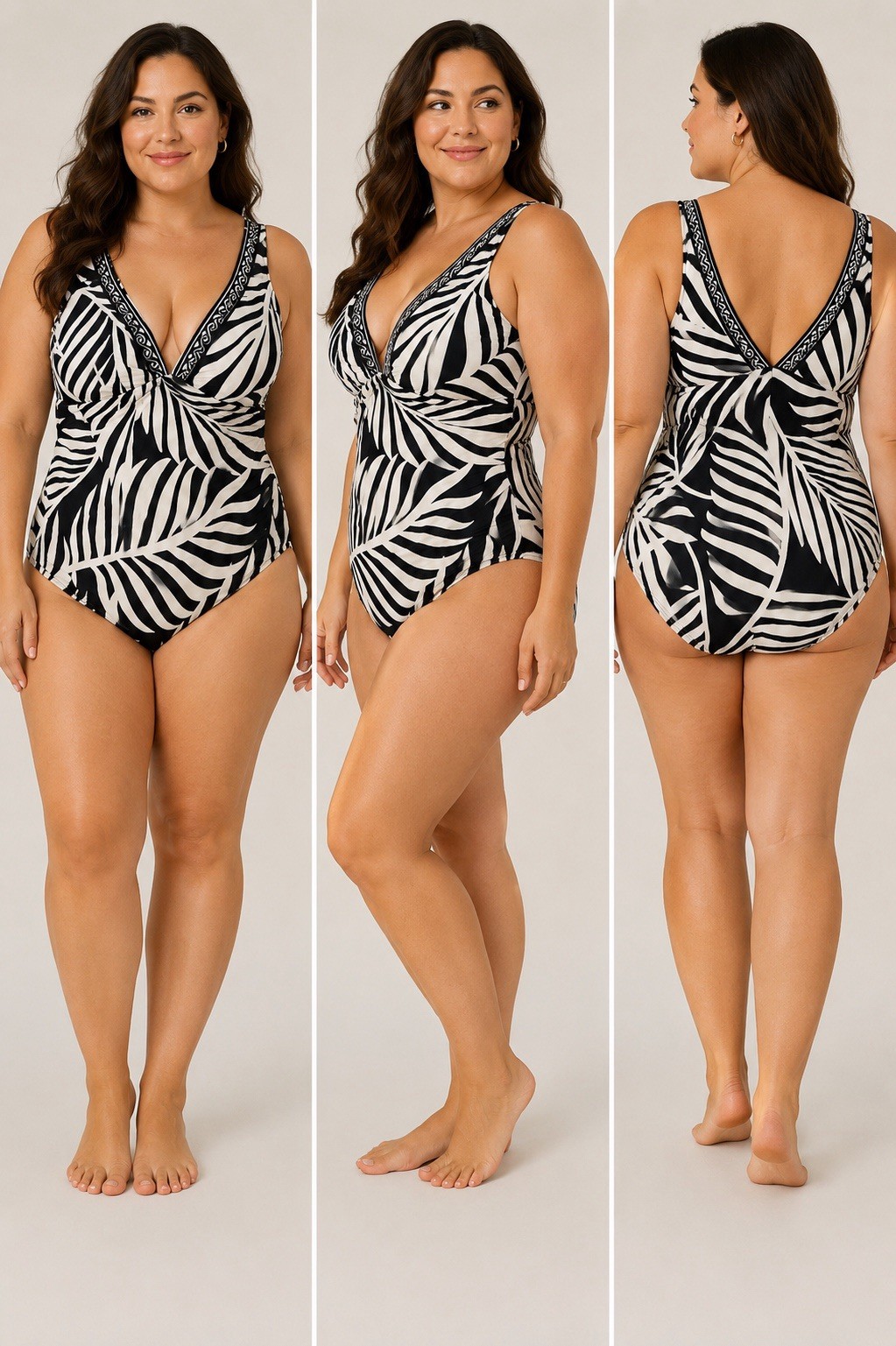 Sofia by Sofia Vergara 1X One Piece Swimsuit Black White Tropical Palm Print