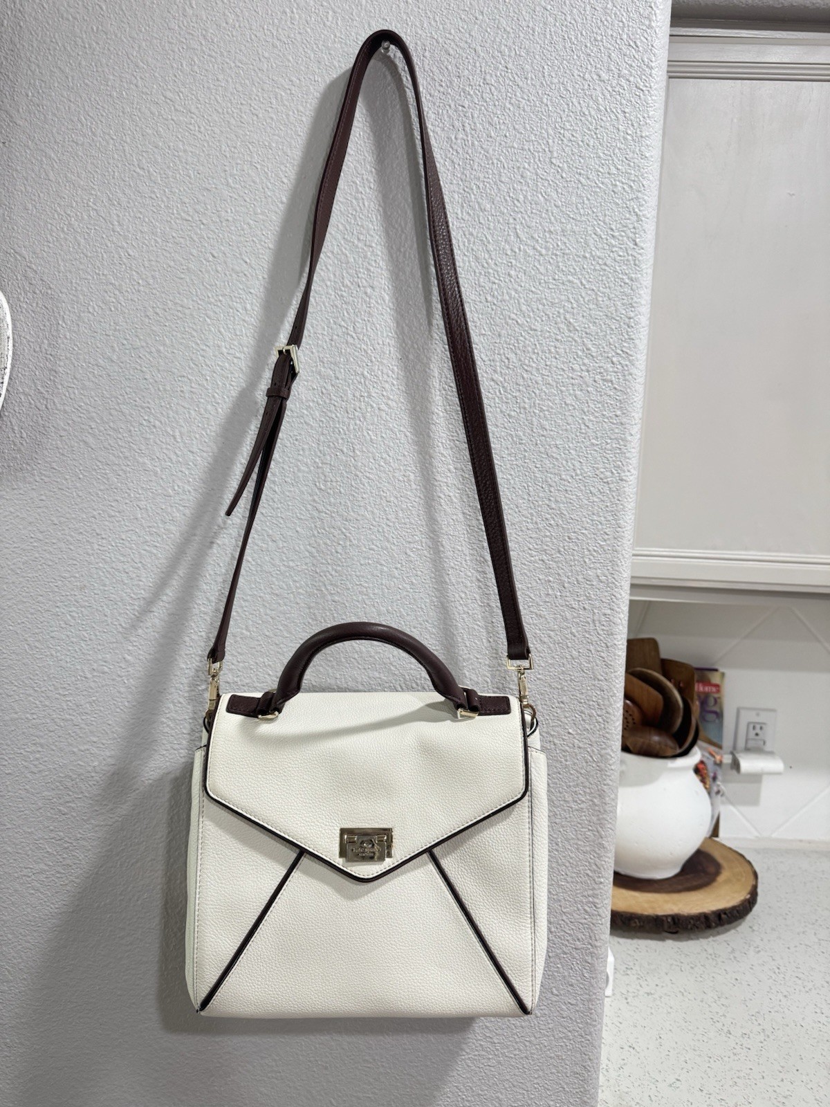 Kate Spade New York Ivory Brown Medium Satchel Top Handle Push Lock Det Strap