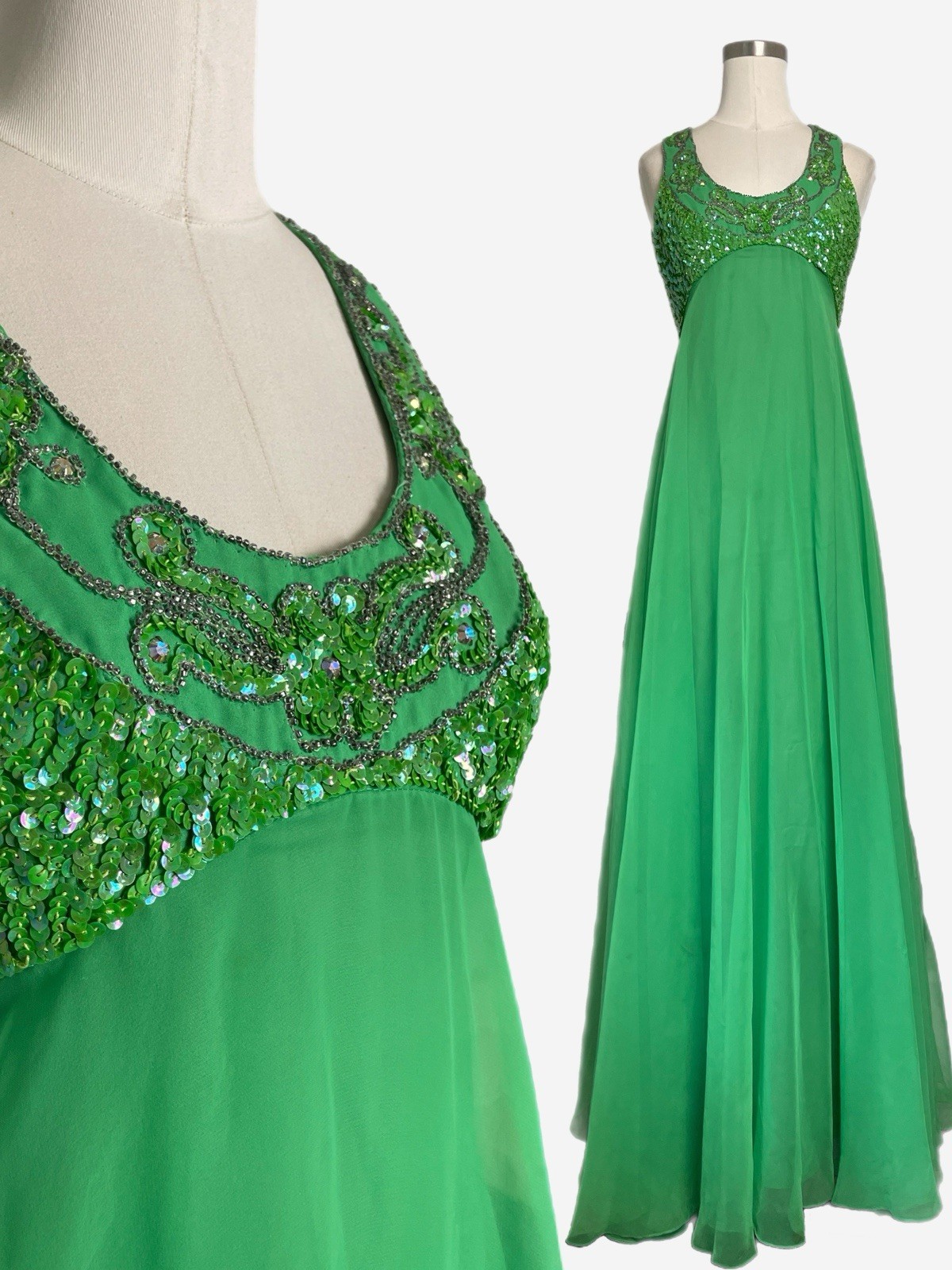 Vintage 60s/70s Mike Benet Bright green sequin chiffon formal gown retro XS/S