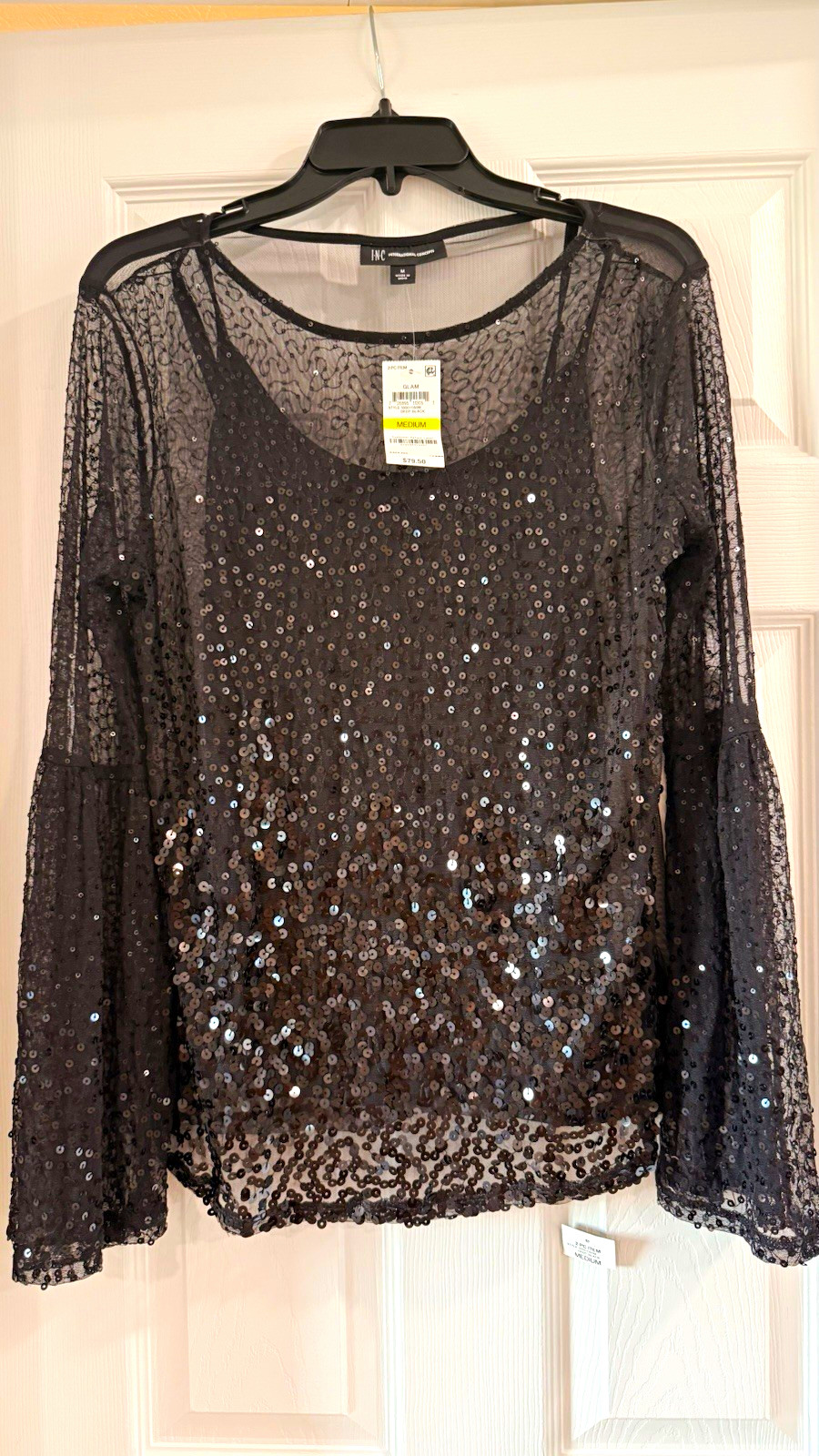 I.N.C. International Concepts Black Sequin Sheer Mesh Scoop Neck Bell Sleeve M