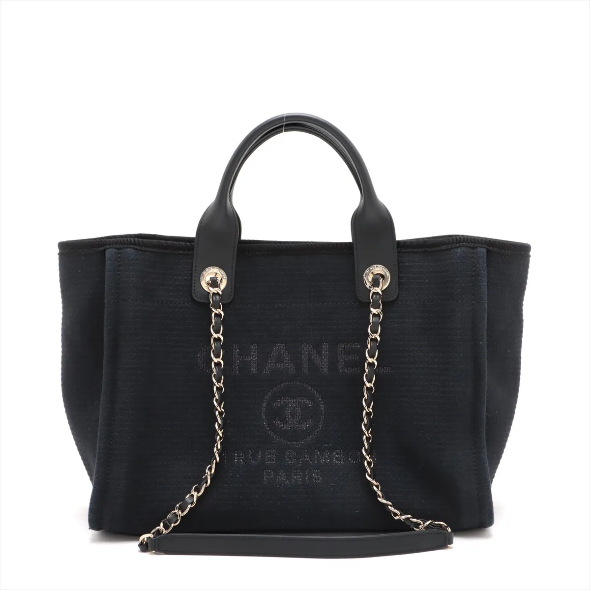 Chanel Deauville MM canvas 2 Way Tote Bag Black Gold Metal Fittings random plate