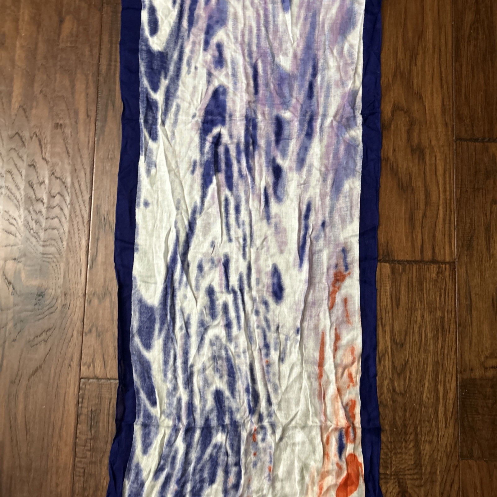 Blue Purple And Red abstract Ty Dye pattern semi-sheer long scarf fringe ends.