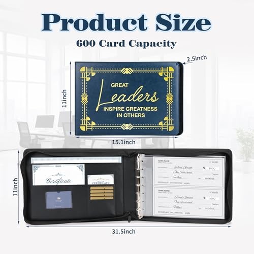 7 Ring Zippered Business Checkbook Binder, Premium PU Leather Blue-great Leader