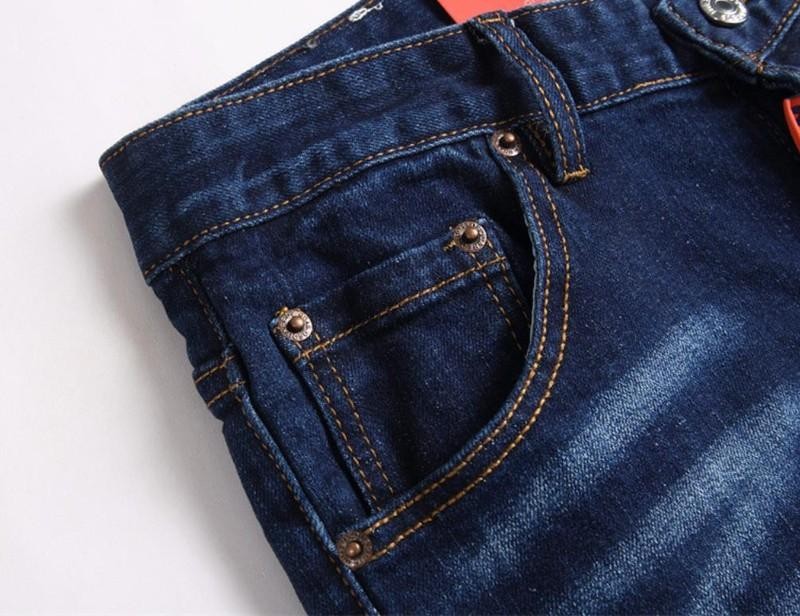 Men’s Blue Denim Jeans Printed Straight Leg Stretch Casual Punk Hip Hop Trousers