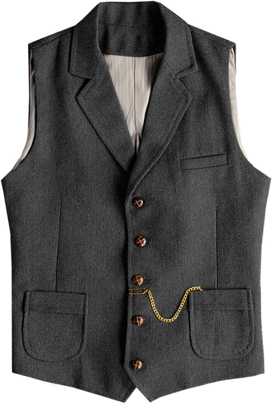 Mens Tweed Vest Western Vintage Wool Herringbone Formal Vests M Large XL XXL 3XL