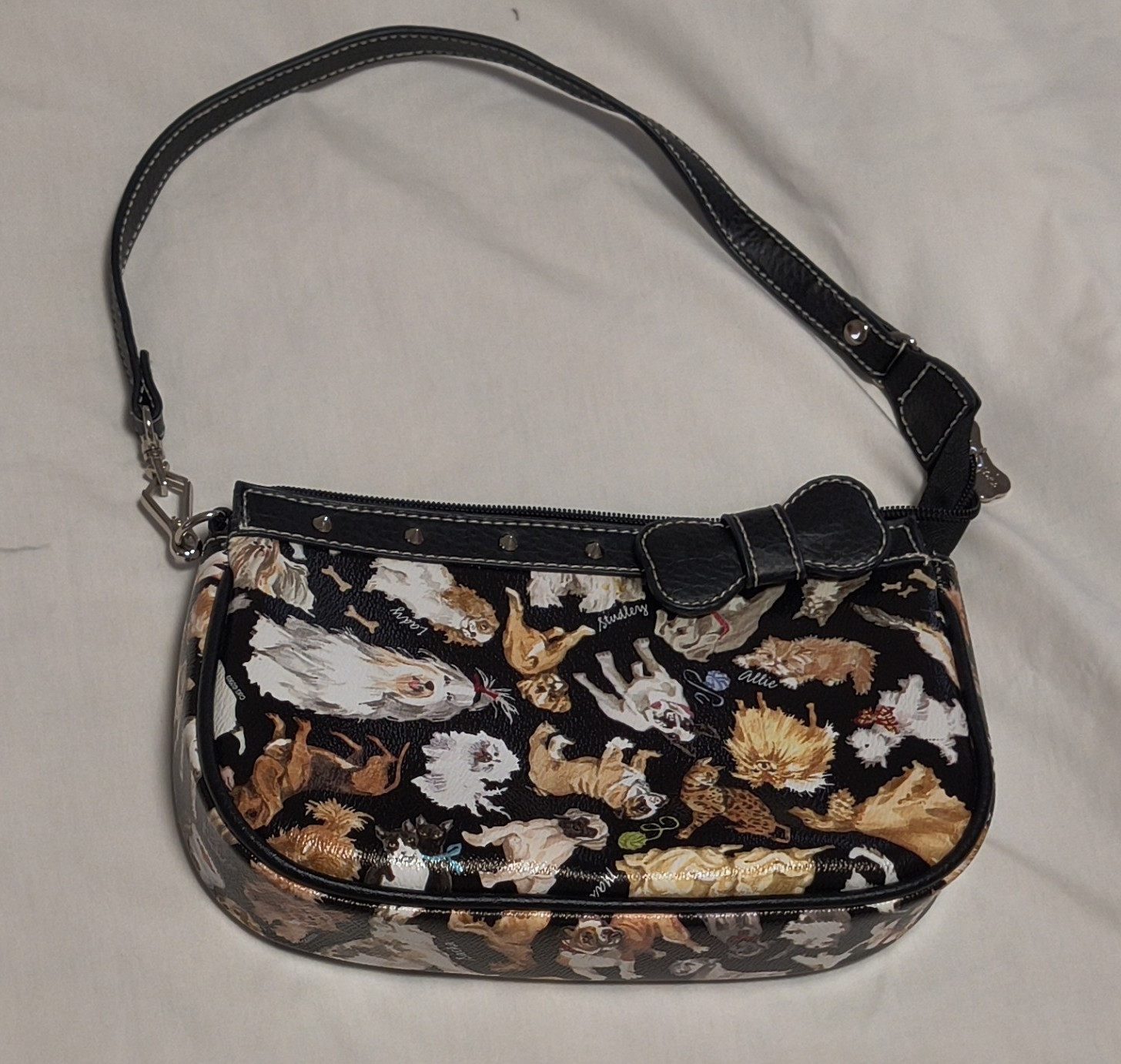 Sydney Love Black Multicolor Dog Print Shoulder Bag Zip Bow Lined Pockets