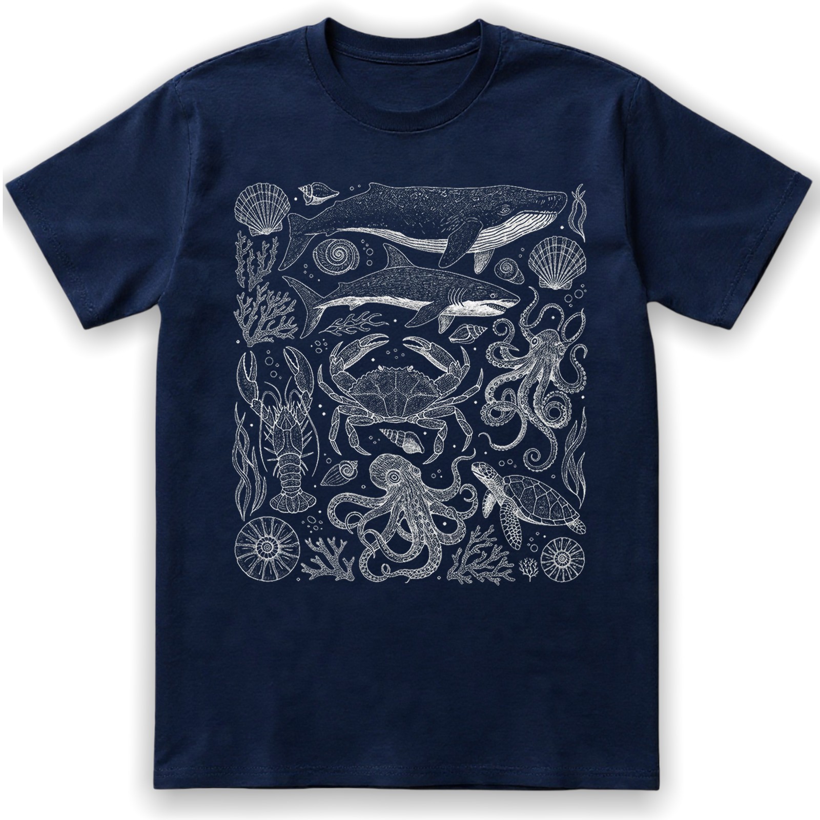 Marine Life Whale Crab Octopus Nautical Retro Engraving Vintage Gift Tee