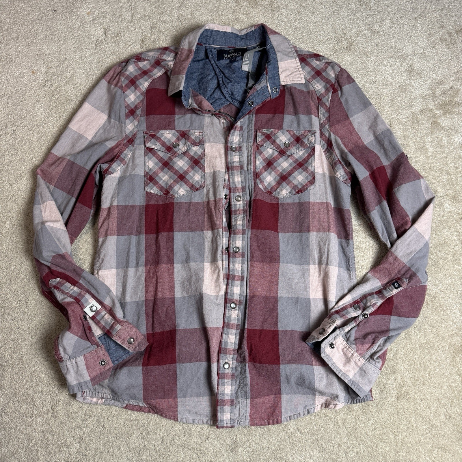 NWT Buffalo David Bitton Mens Plaid Pearl Snap Zip Button Up Shirt Large Red