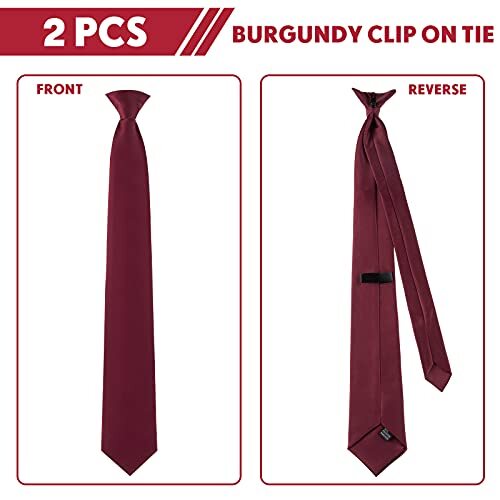 2 Pieces Men’s Clip on Ties 20 Inches Solid Color Clip on Ties Pre Burgundy