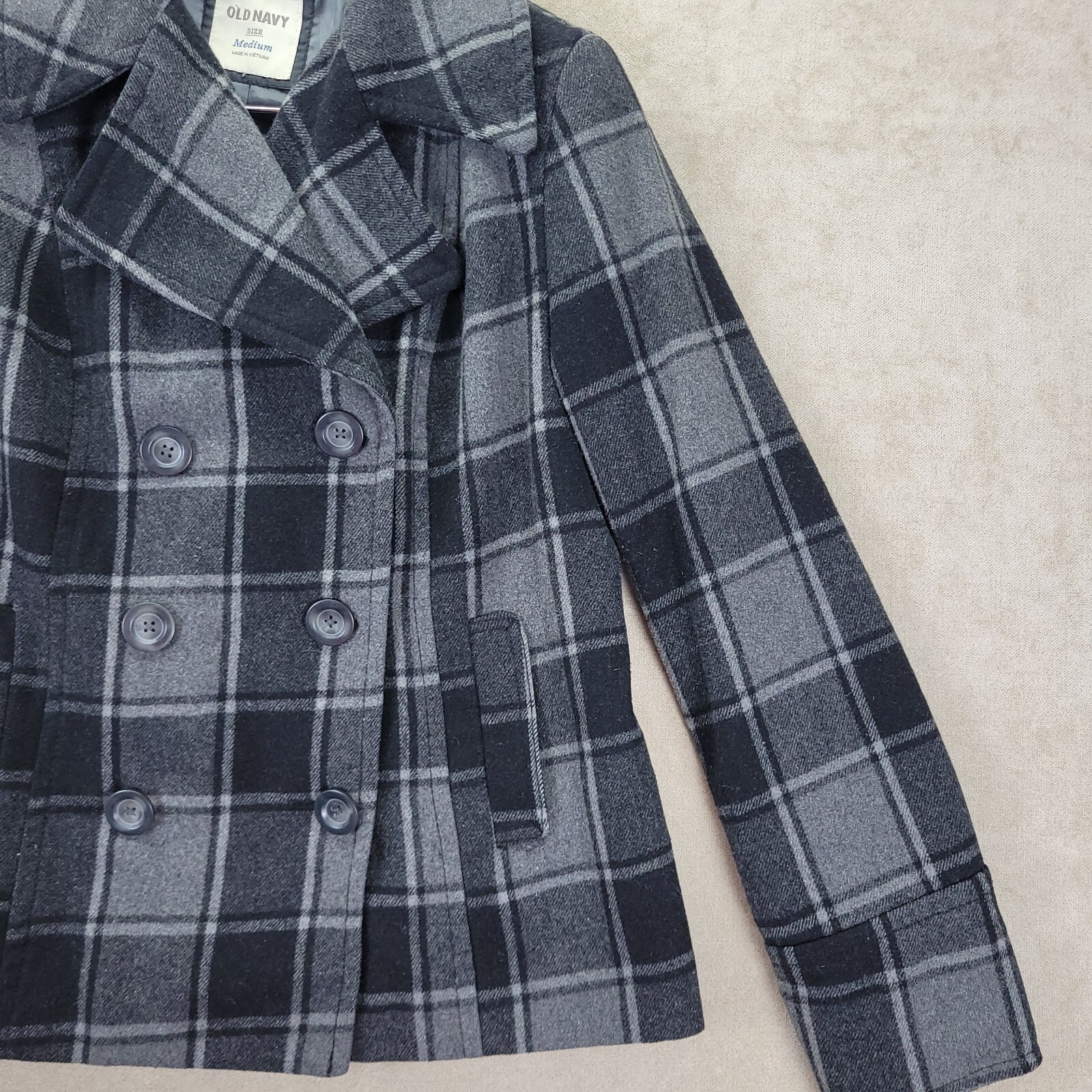 Old Navy Gray & Black Plaid Wool Blend Womens Double Breast Pea Coat Size Medium
