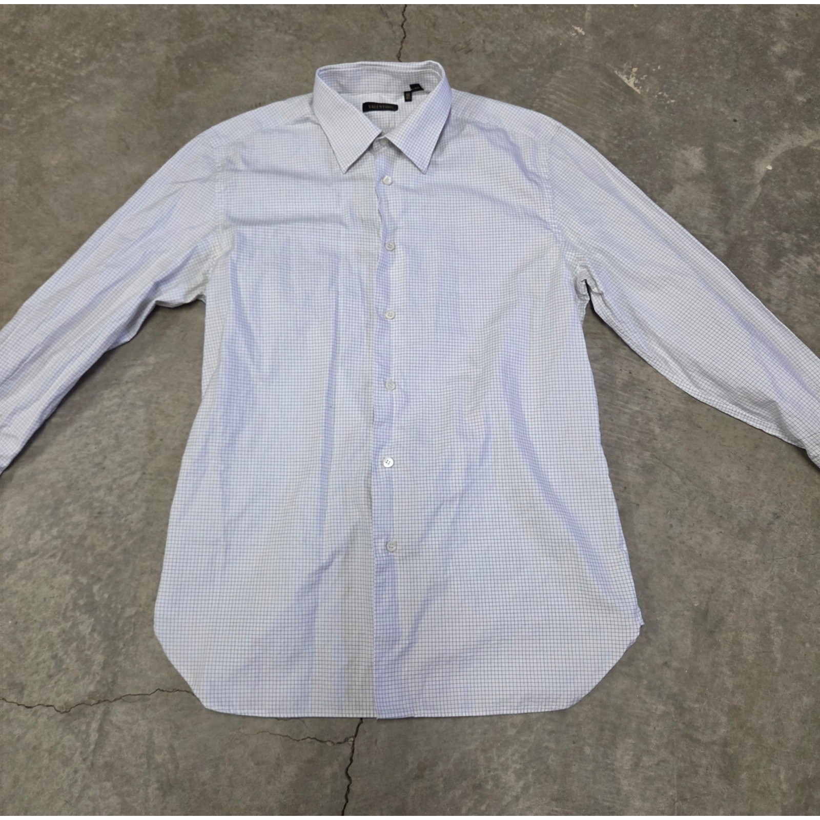 Valentino Mens Dress Shirt White Blue Micro Grid Check Made in Italy 42 16.5 L