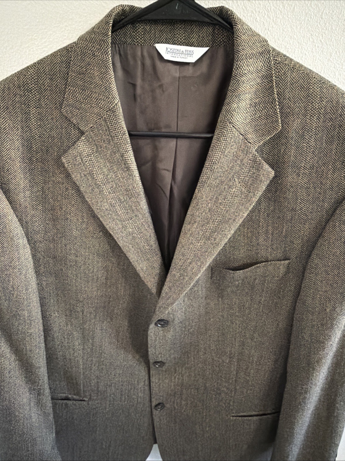 Joseph & Feiss Mens Sport Coat 44R Brown Herringbone 100% Lambswool Blazer