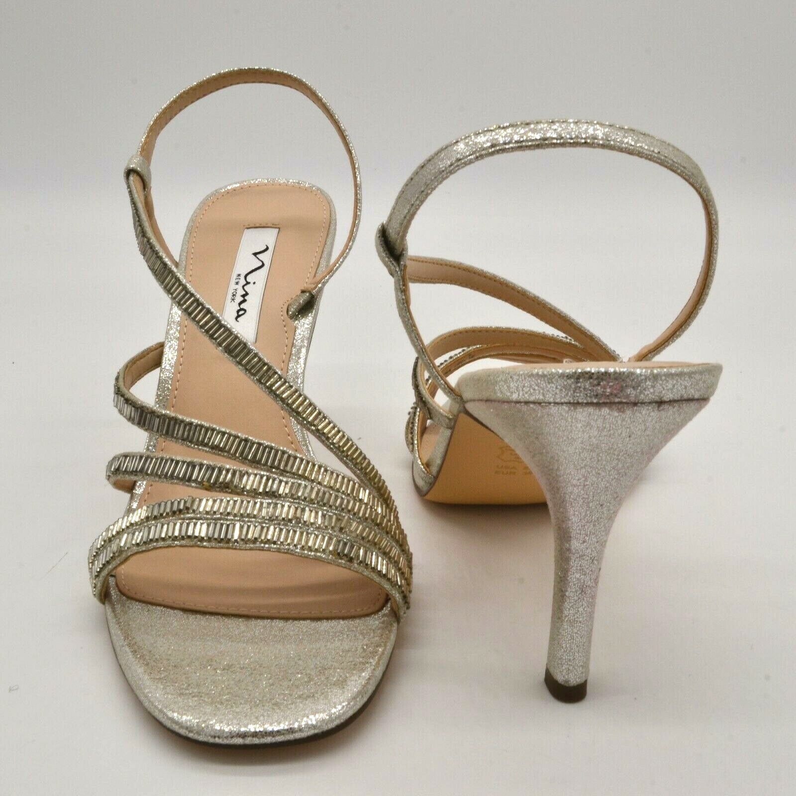 Nina New York Womens Sparkle Strappy Slingback Heels Sz 8M Silver Leather NEW