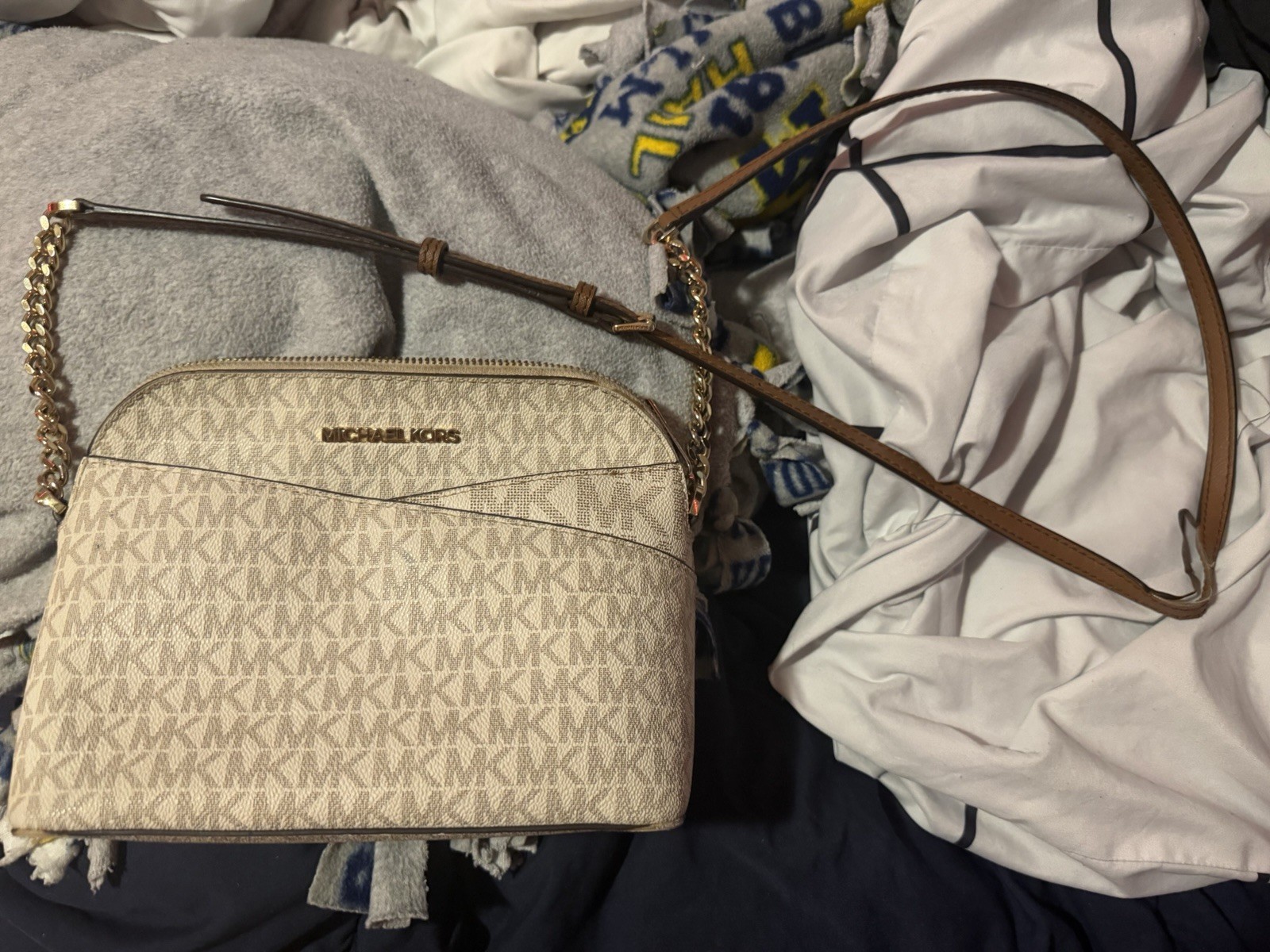 Michael Kors Jet Set Small Beige Logo Crossbody Bag Brown Strap Gold Hardware