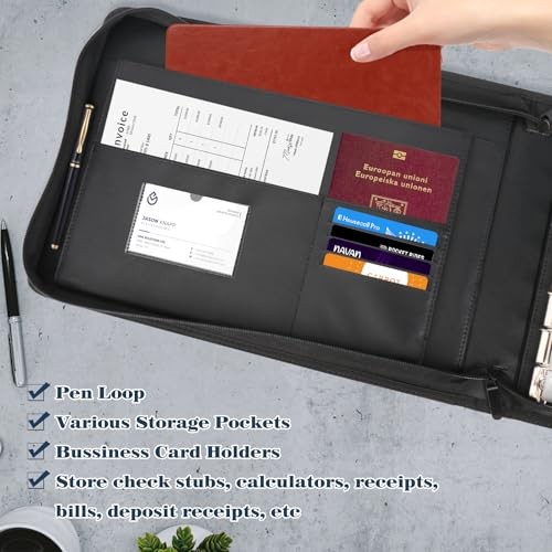 7 Ring Zippered Business Checkbook Binder, Premium PU Leather Blue-great Leader