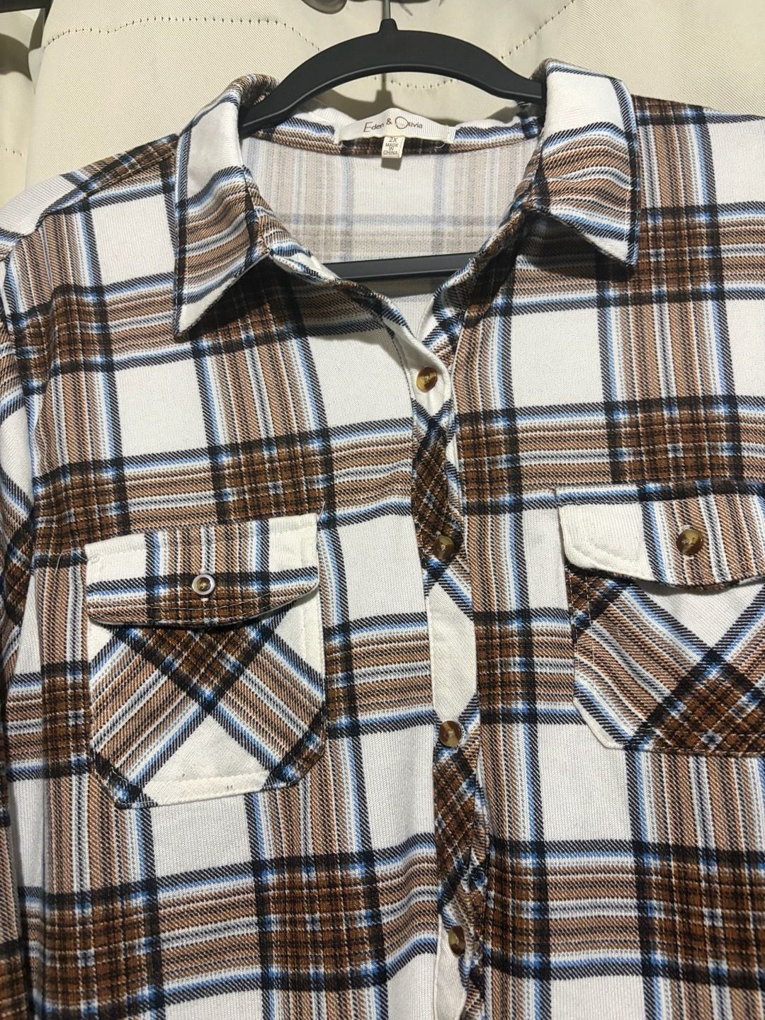 Eden & Olivia Women’s Plaid Button-Down Long Sleeve Shirt, Brown and White, 2x