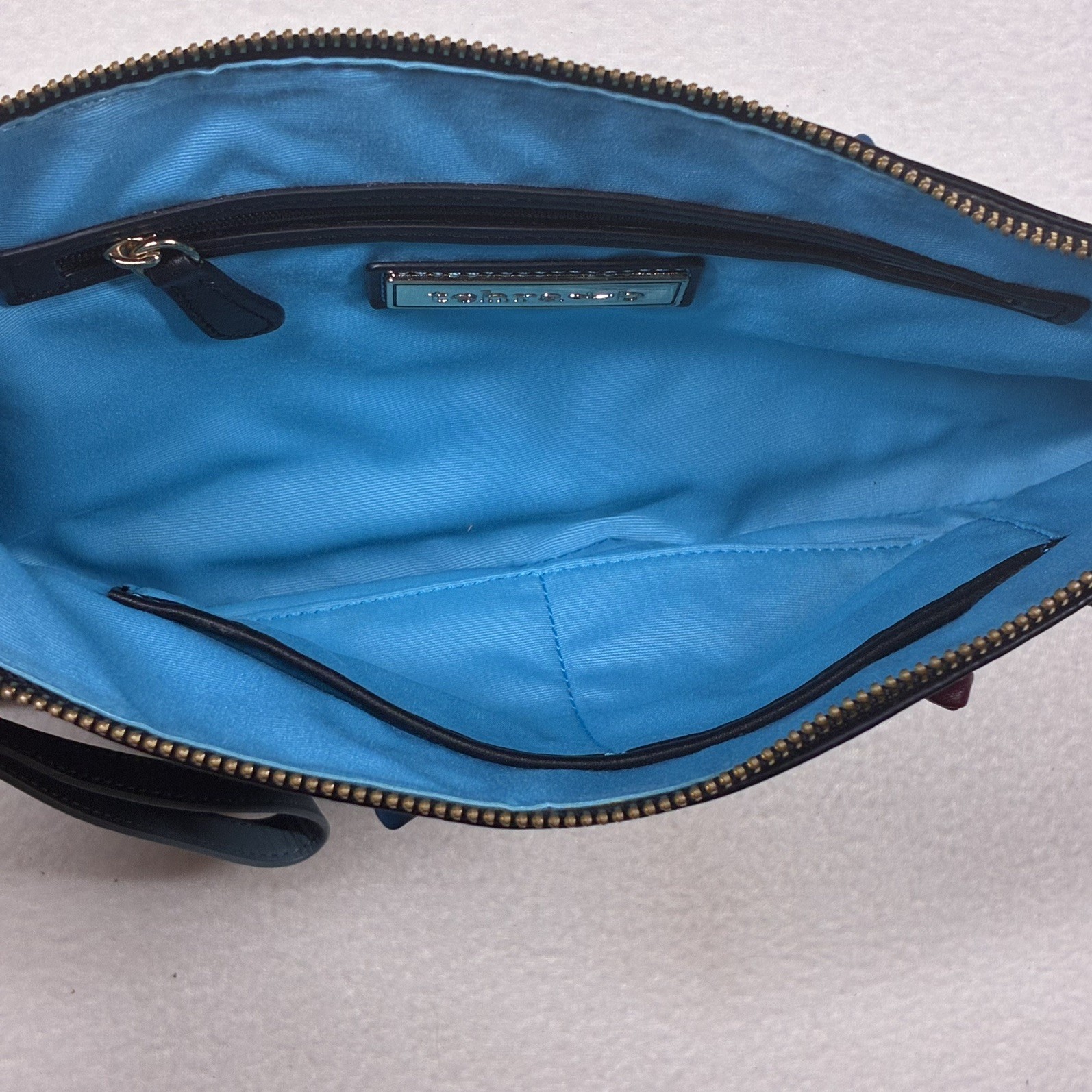 Tehra & B Black Leather Wristlet Clutch Hand-tied Signature Knots Blue Trim